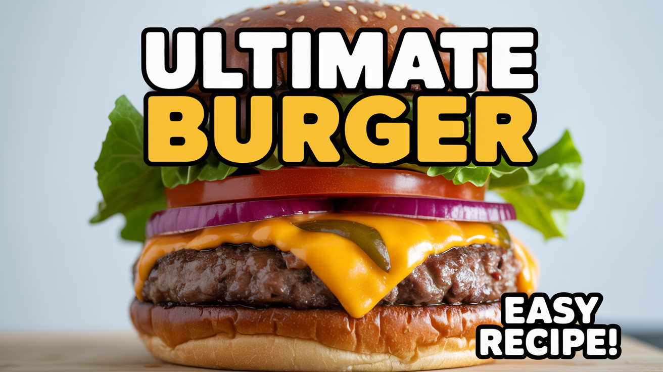 A professional YouTube cooking thumbnail mockup showing a delicious and juicy gourmet cheeseburger against a clean background. Bold text on the image reads 'ULTIMATE BURGER' and 'Easy Recipe!'.
