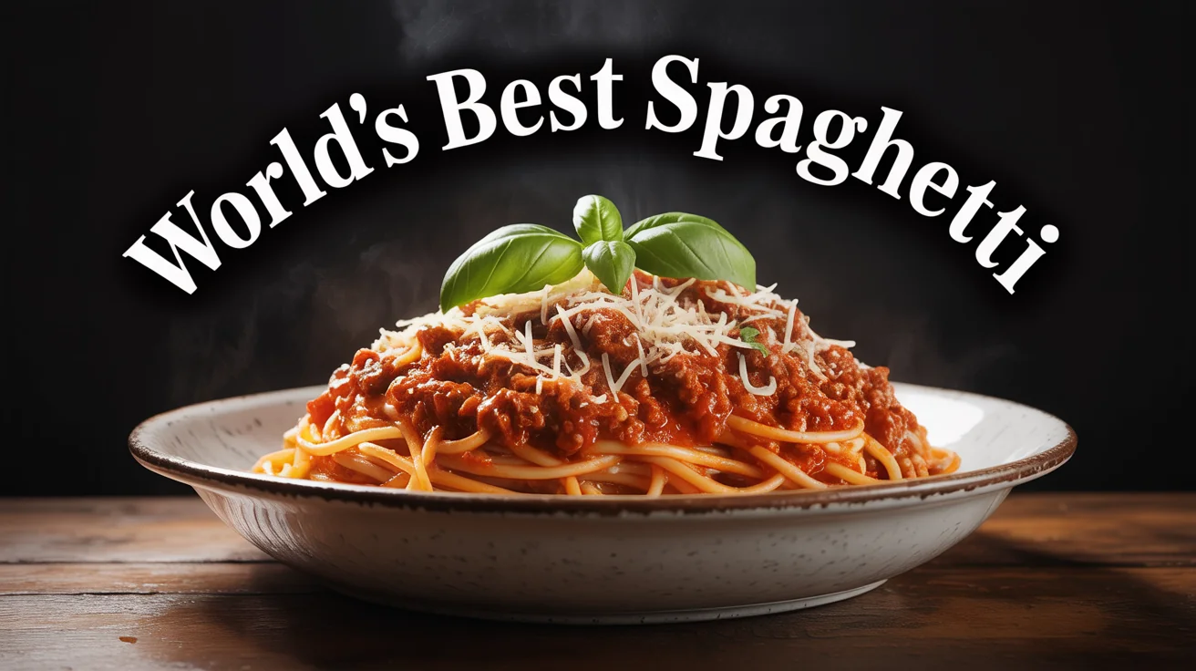 A YouTube cooking thumbnail mockup showing a delicious bowl of spaghetti bolognese with the text 'World's Best Spaghetti' in bold letters above it, all on a clean white background.