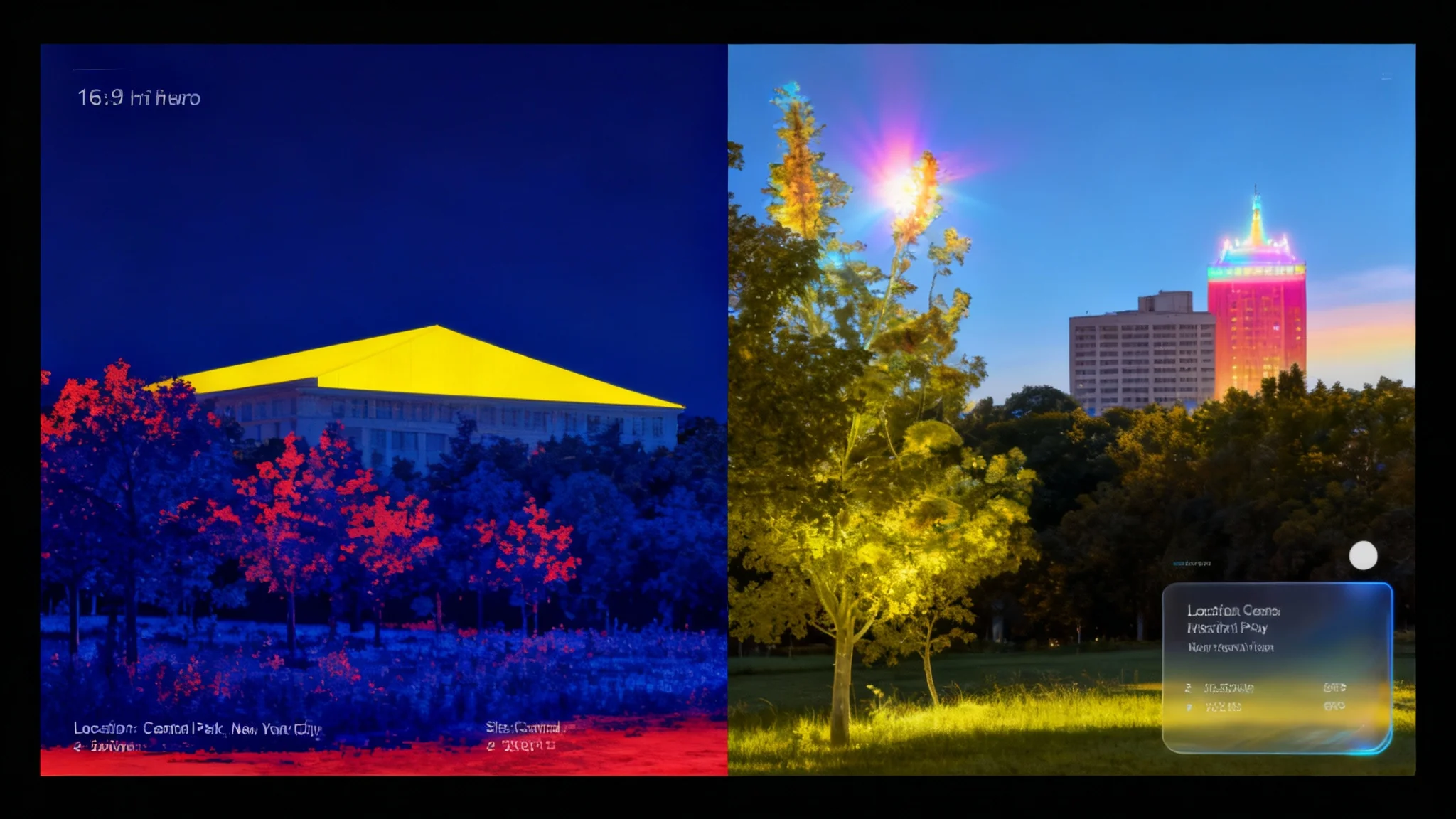 A before-and-after comparison of thermal image enhancement. The 'before' side shows a standard, low-resolution thermal image of a park. The 'after' side shows a crisp, high-resolution photorealistic image of the same park with vivid, glowing thermal data seamlessly fused onto the trees and buildings.