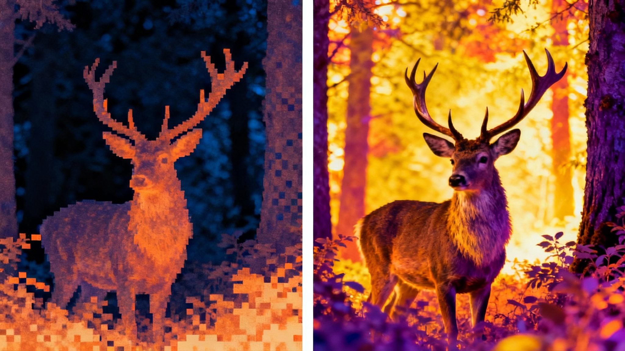 A before-and-after comparison image showing thermal enhancement. The left side is a blurry, low-resolution thermal image of a deer in a forest. The right side is a sharp, high-definition, and vibrantly colored thermal image of the same scene.