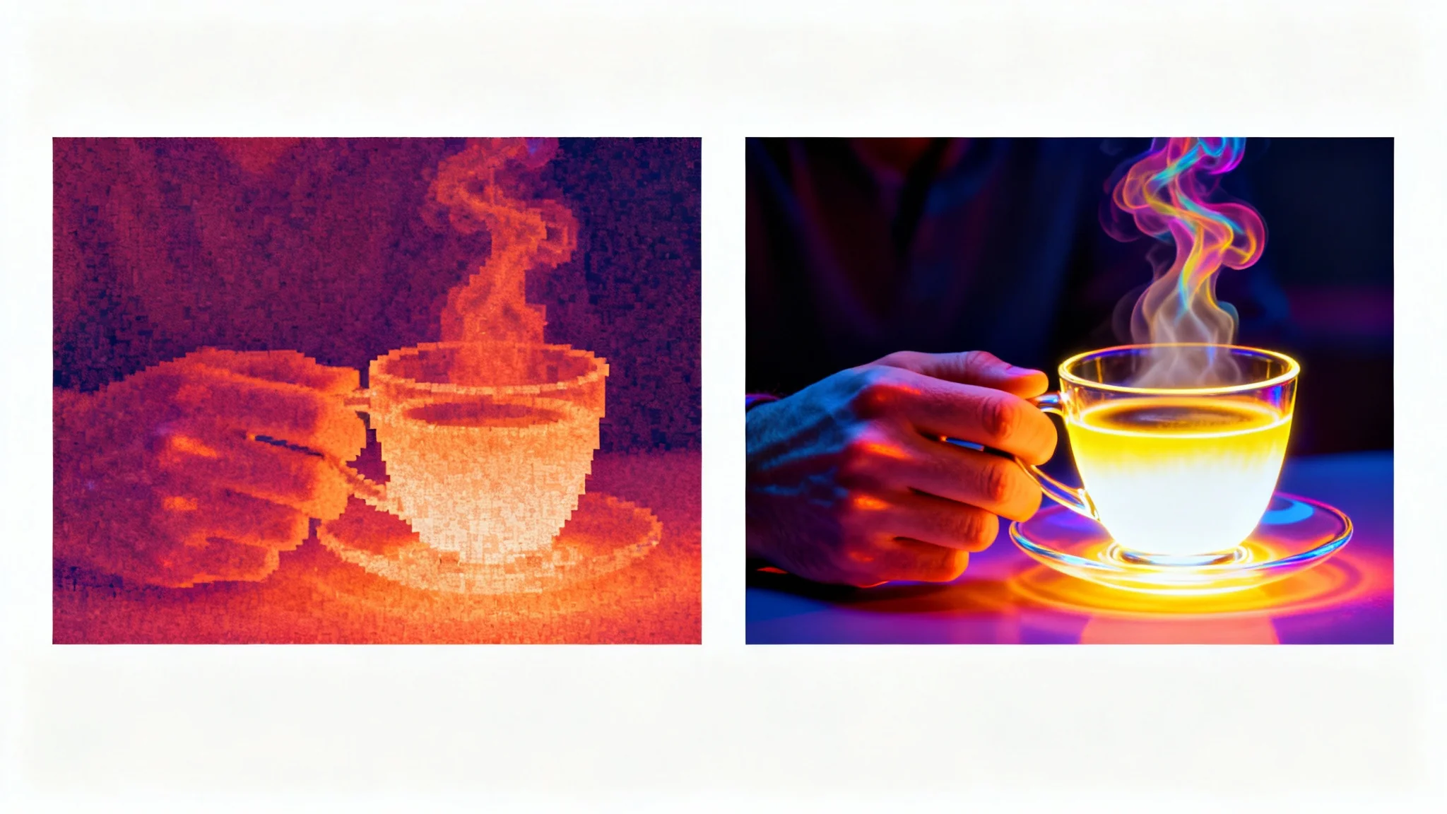 A split-screen image comparing a blurry, low-resolution thermal photo of a hand holding a coffee cup with a sharp, high-resolution enhanced version of the same photo.