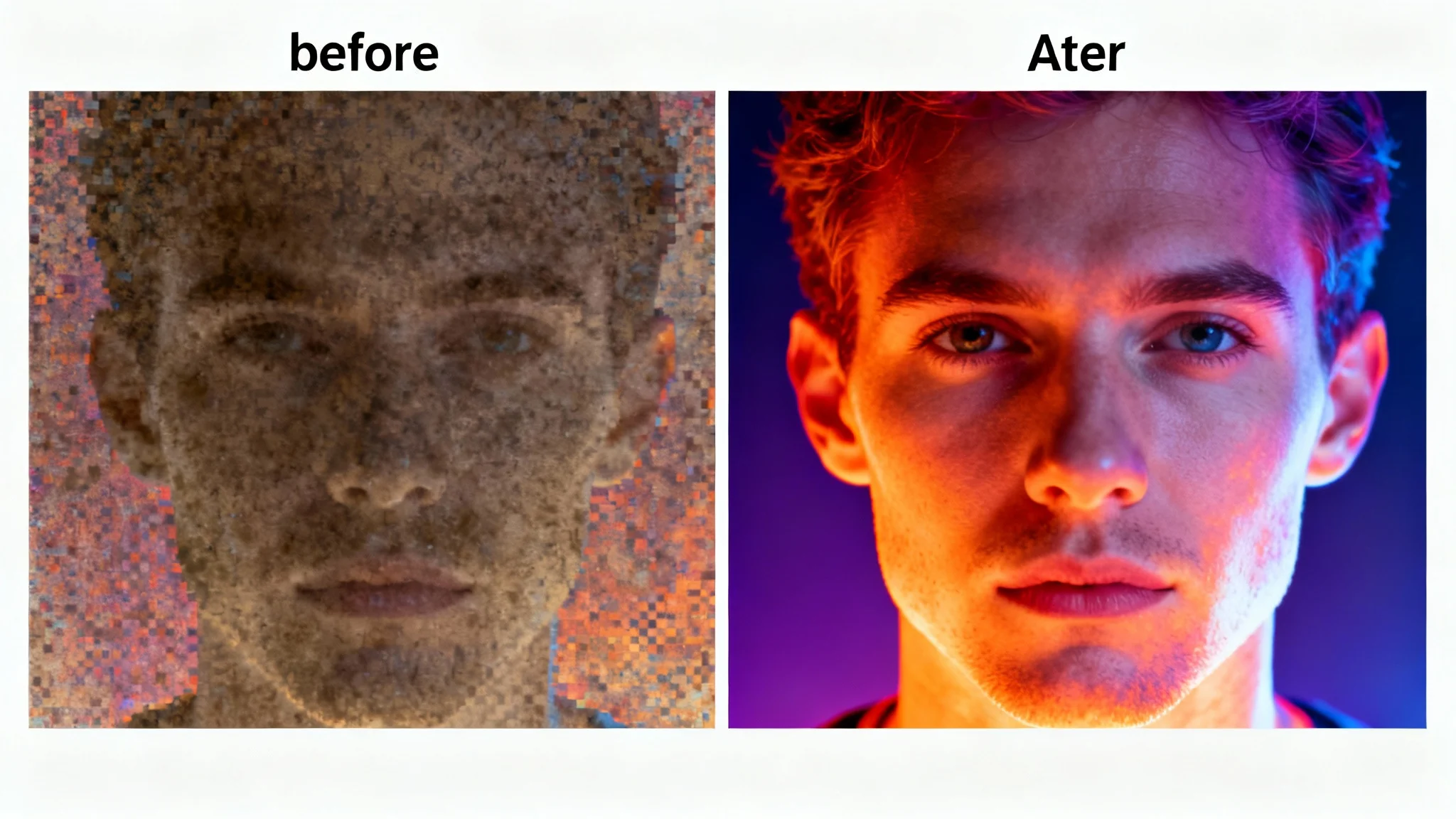 A before-and-after comparison of thermal image enhancement on a human face. The left side shows a blurry, low-quality thermal image, while the right side shows a sharp, high-definition version with vibrant colors revealing clear details.