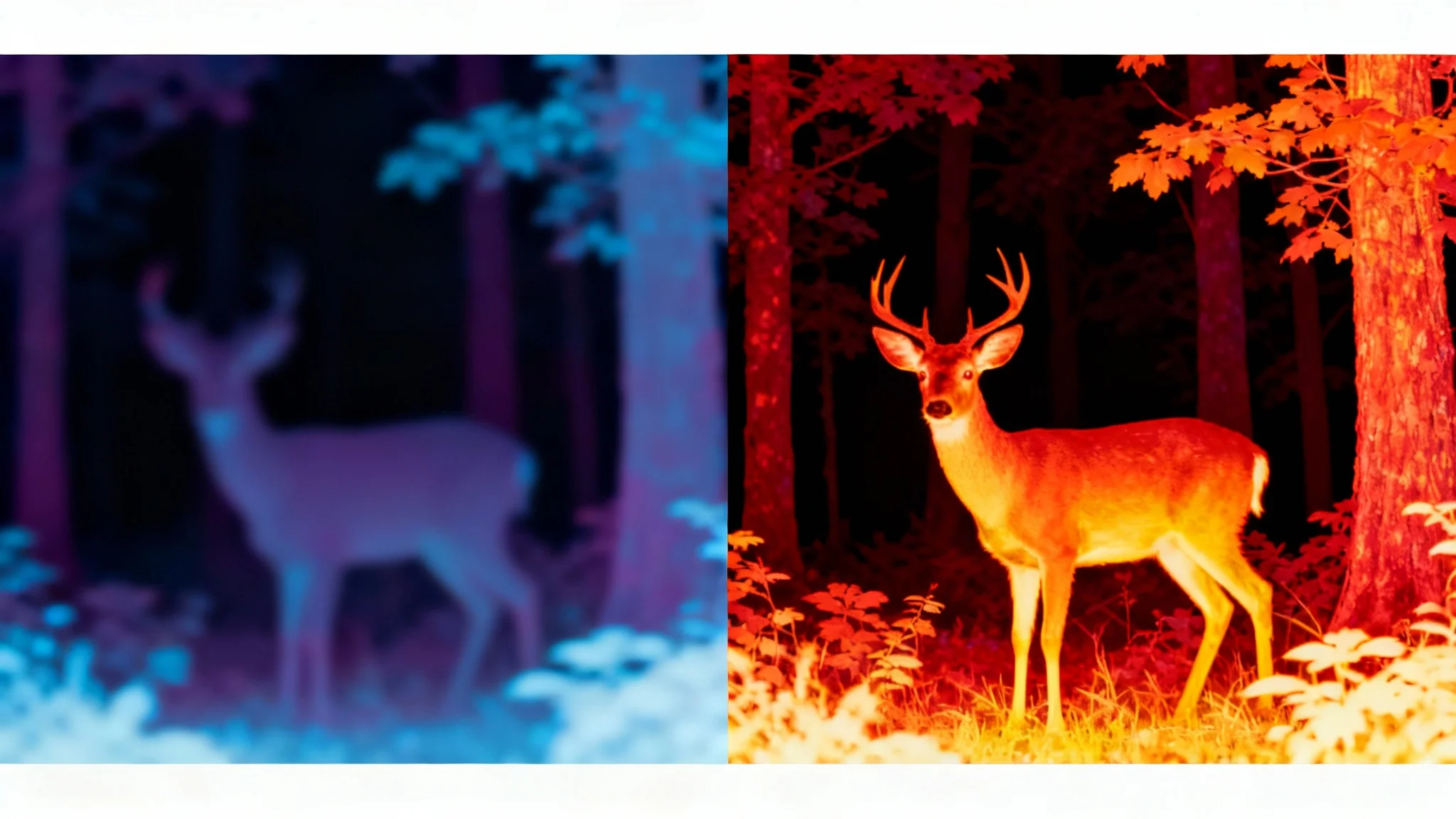 A side-by-side comparison of a thermal image before and after enhancement. The 'before' side is blurry and indistinct, while the 'after' side is sharp, clear, and detailed, revealing a deer in a forest.
