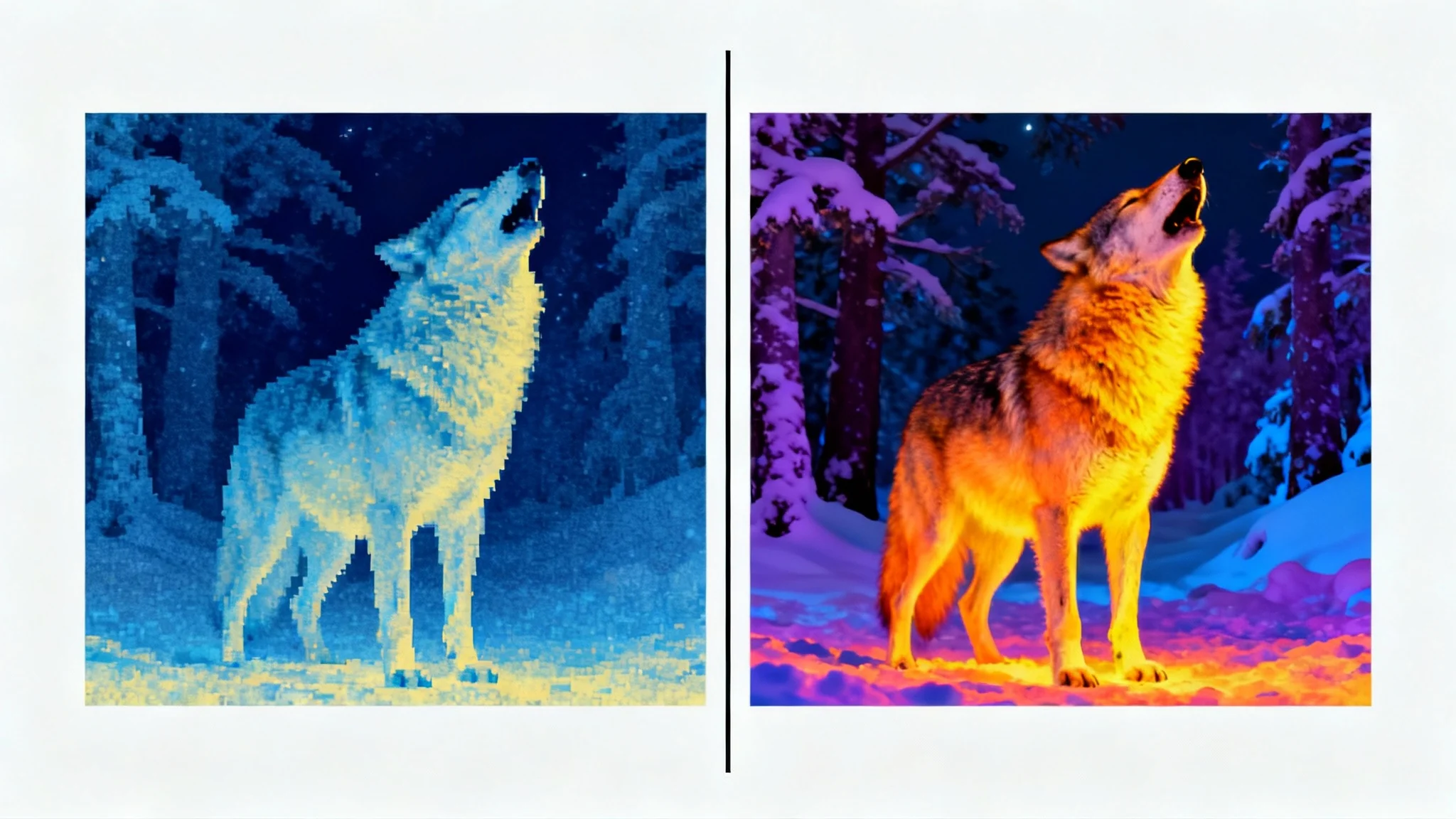A side-by-side comparison of thermal image enhancement. The left side shows a blurry, low-resolution thermal image of a wolf. The right side shows the same wolf in a crystal-clear, high-definition thermal image with vibrant colors and sharp details.