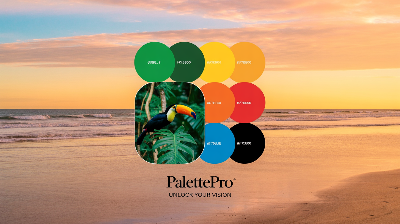 A hero image showing the result of a color palette generator tool. On the left is a photo of a colorful toucan, and on the right is a palette of five colors extracted from the photo, each with a hex code.