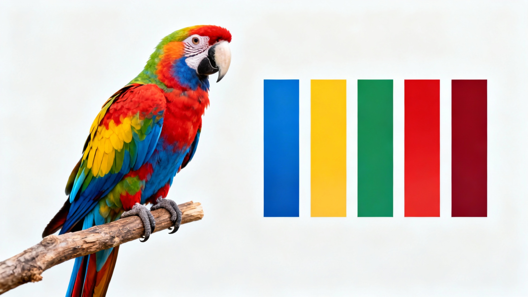 A colorful macaw parrot shown next to a matching color palette extracted from its feathers, presented as a clean mockup on a white background.