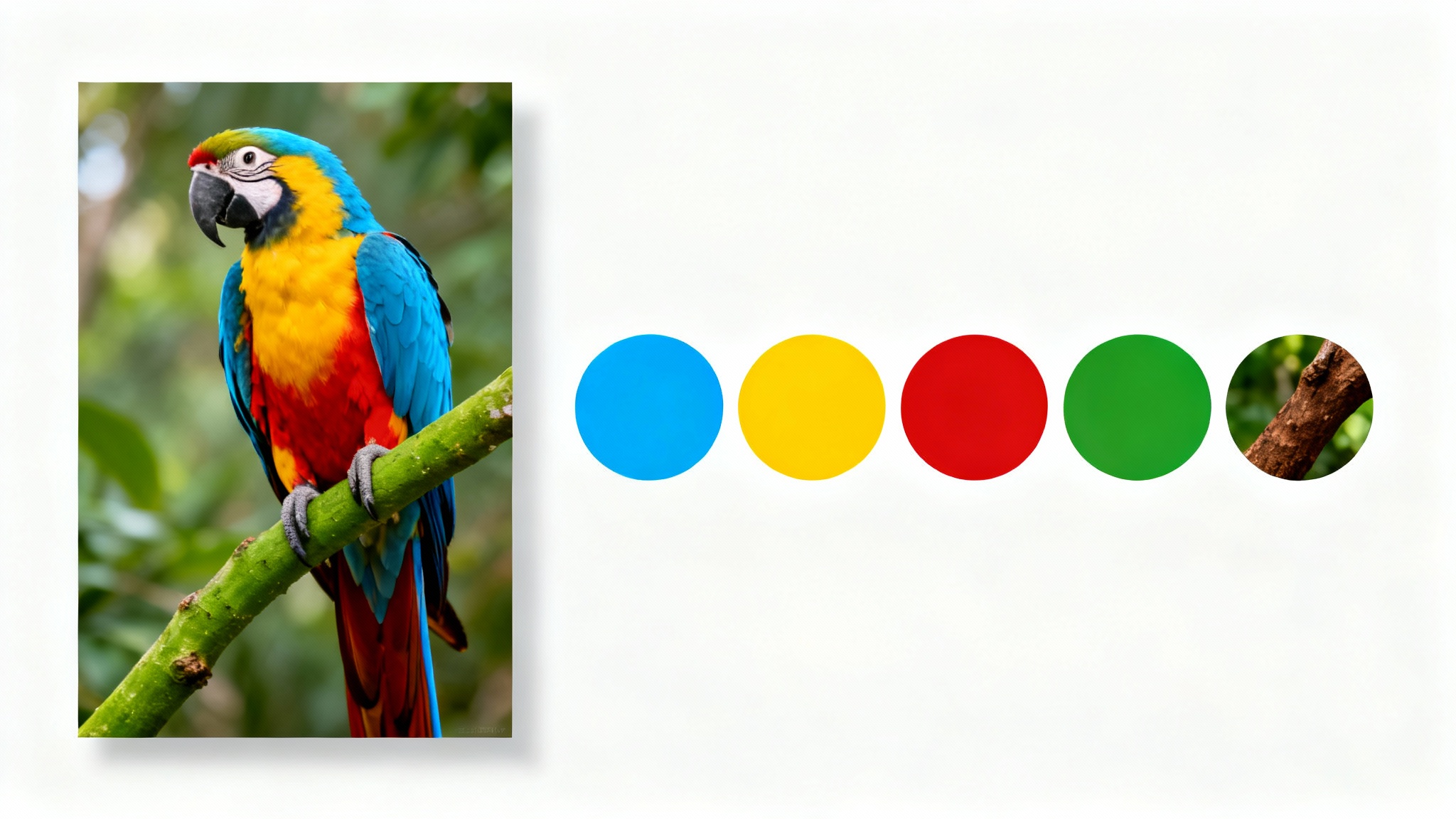 A mockup showing a colorful macaw photo on the left and a corresponding color palette with five swatches (blue, yellow, red, green, brown) on the right, against a white background.