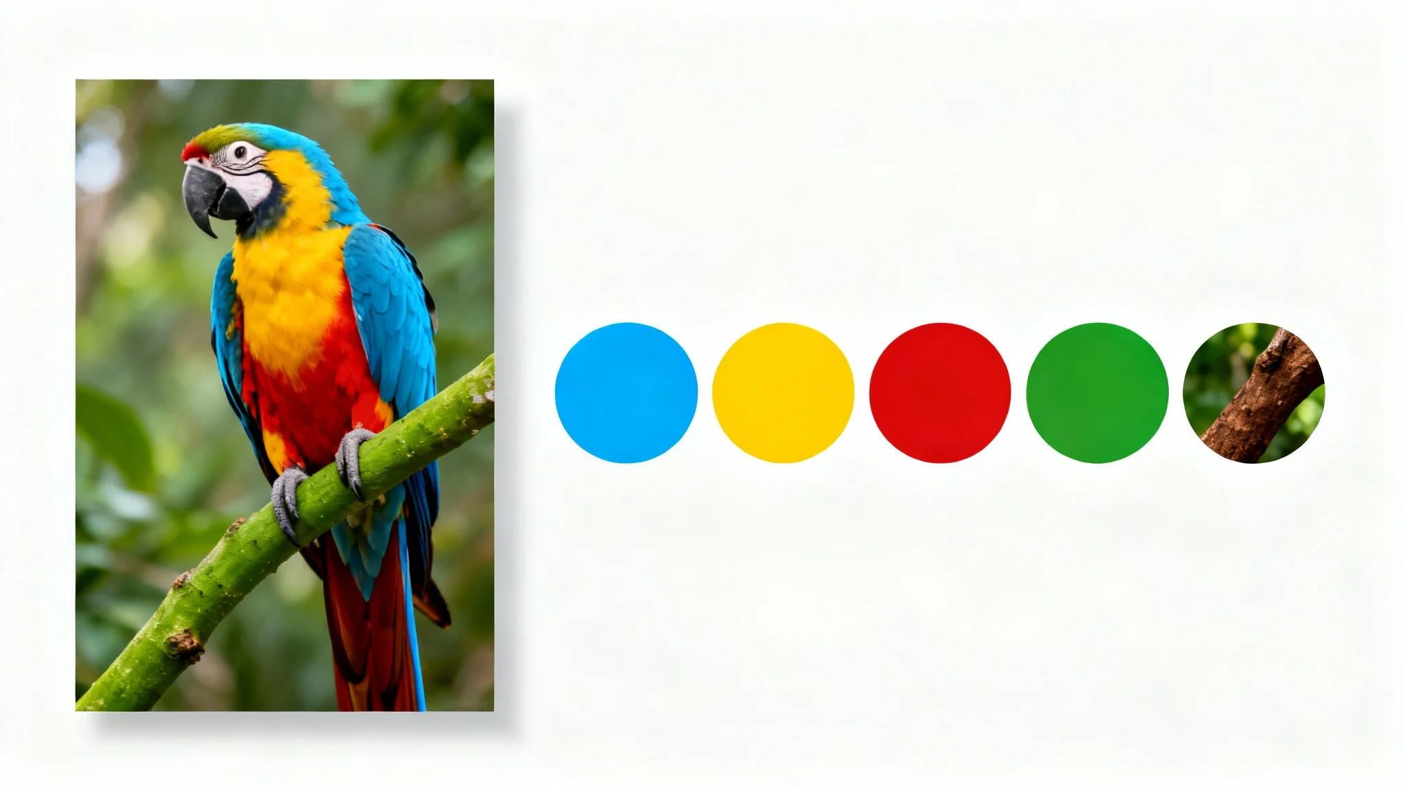 A mockup showing a colorful macaw photo on the left and a corresponding color palette with five swatches (blue, yellow, red, green, brown) on the right, against a white background.