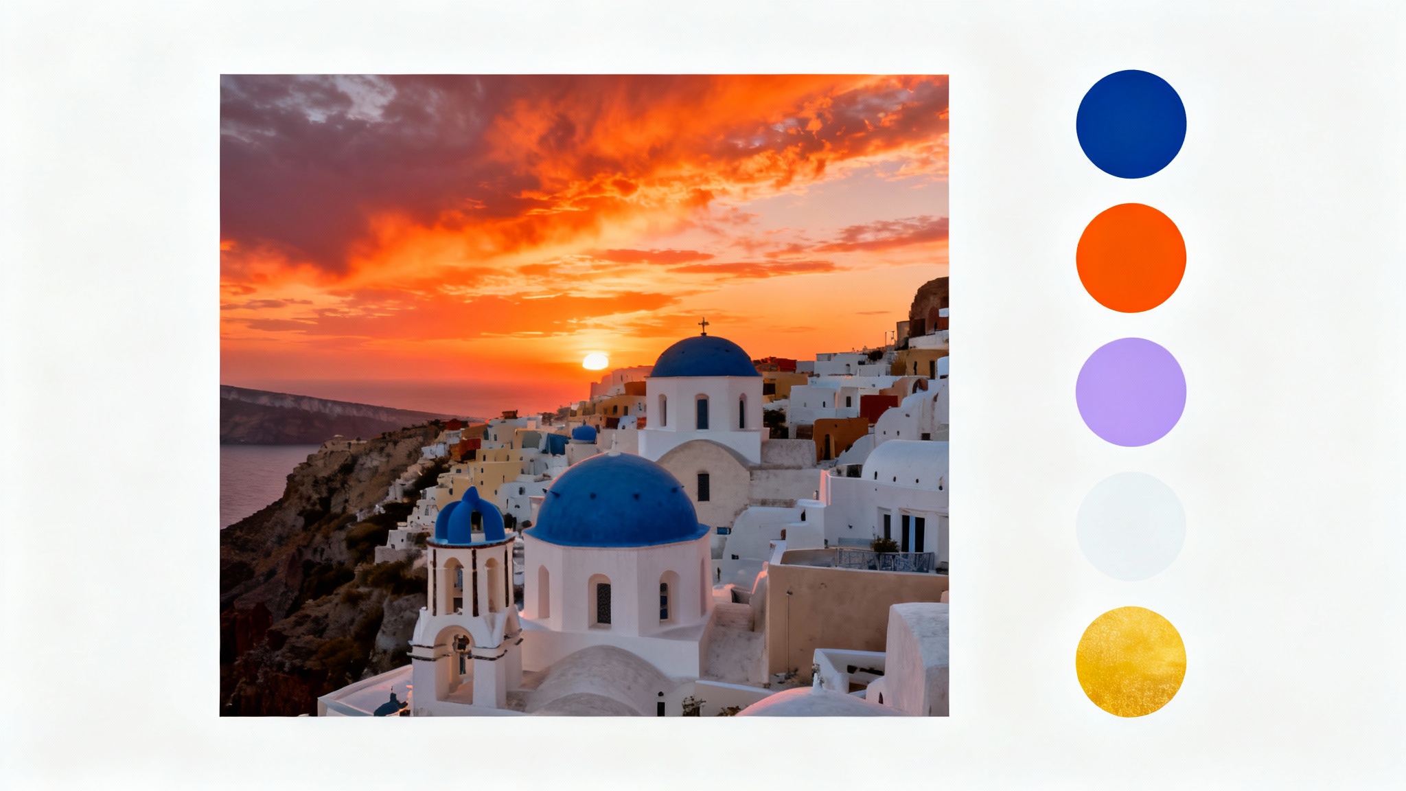 A mockup illustrating an image color palette generator. A beautiful photo of a Santorini sunset is on the left, with a series of five circular color swatches on the right that perfectly match the dominant colors in the image.