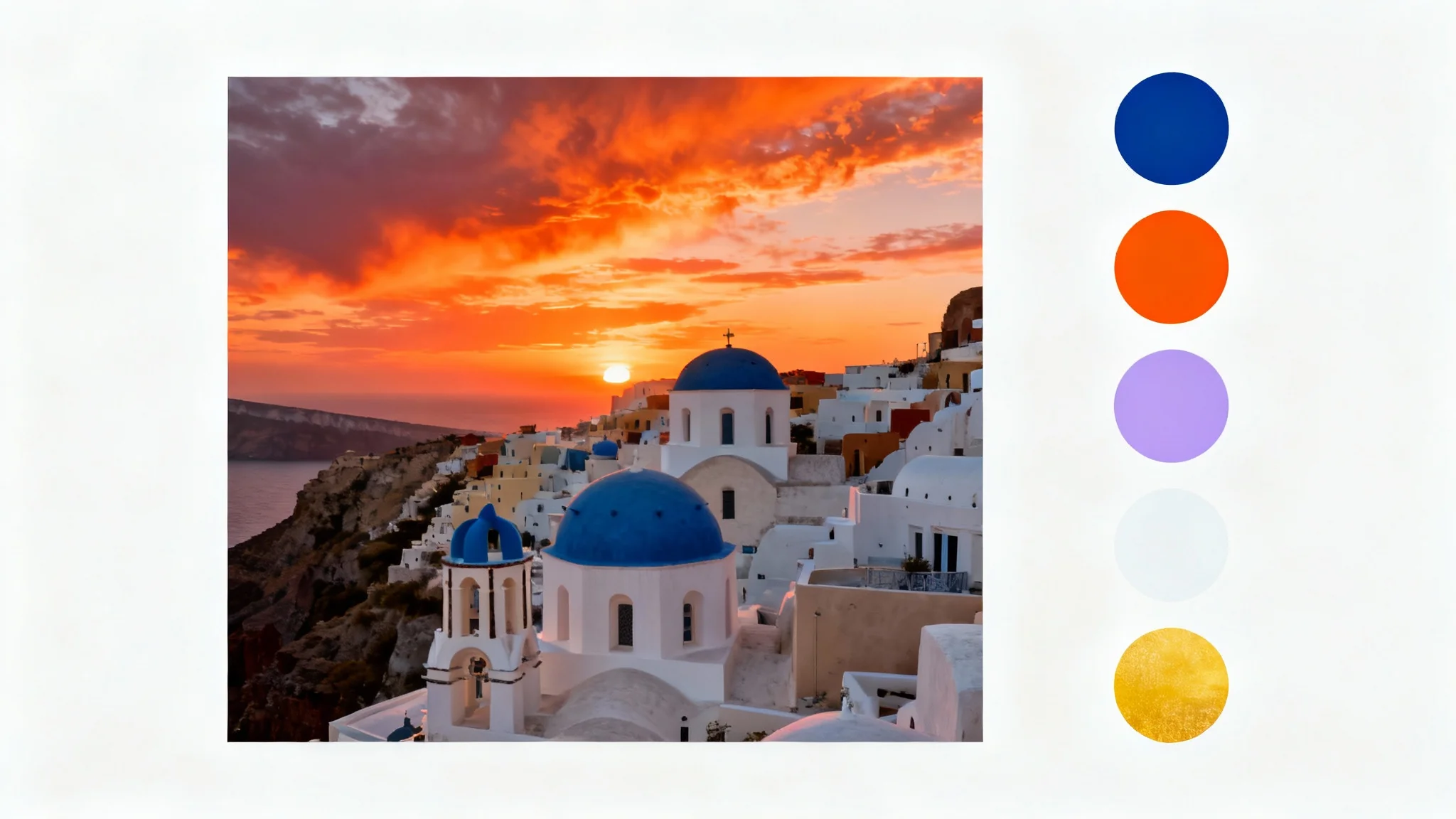 A mockup illustrating an image color palette generator. A beautiful photo of a Santorini sunset is on the left, with a series of five circular color swatches on the right that perfectly match the dominant colors in the image.