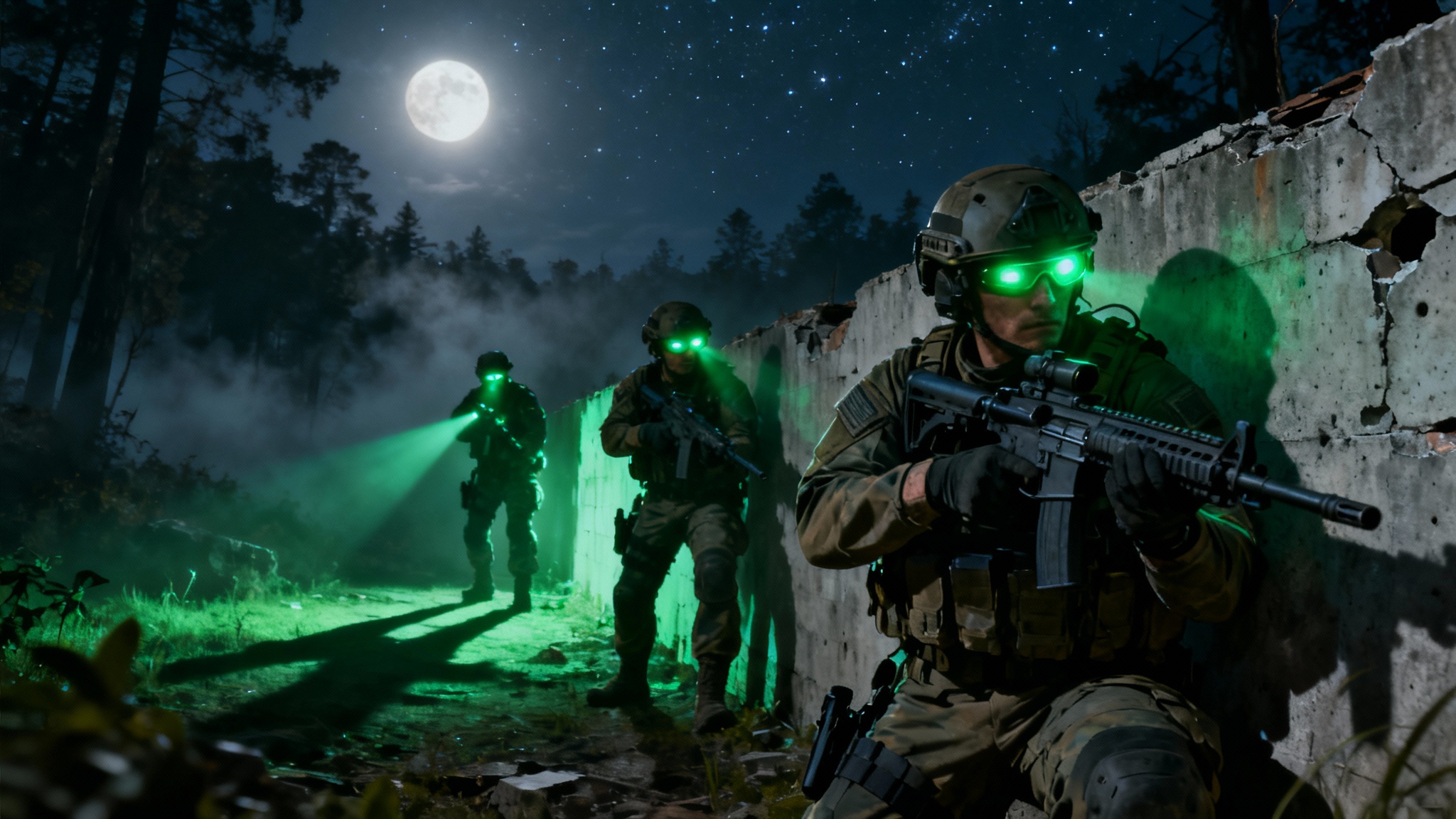 A cinematic 16:9 wallpaper depicting elite soldiers on a night operation. The scene is viewed through a green-tinted night vision scope, showing them in tactical gear behind a wall under moonlight.