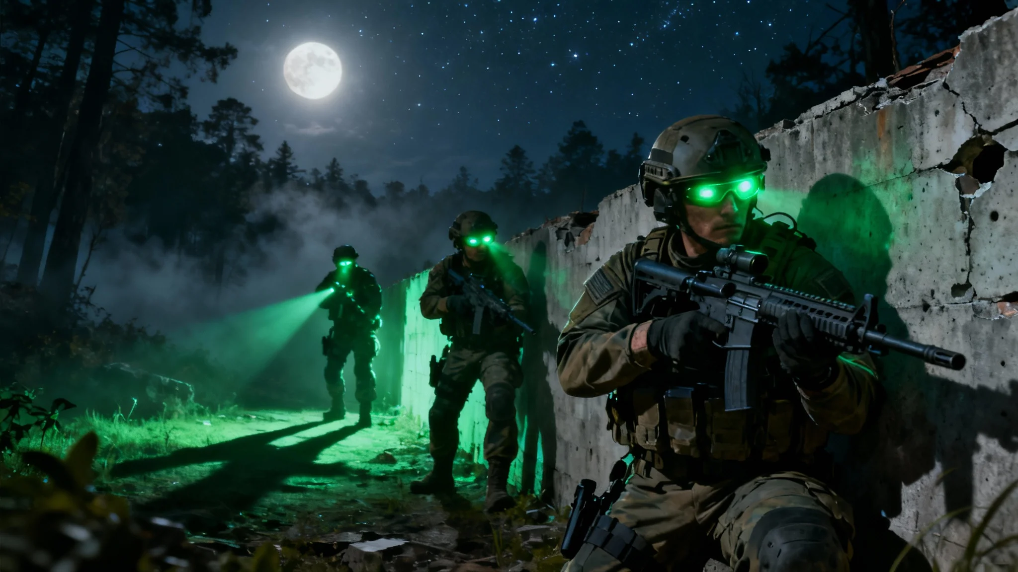 A cinematic 16:9 wallpaper depicting elite soldiers on a night operation. The scene is viewed through a green-tinted night vision scope, showing them in tactical gear behind a wall under moonlight.