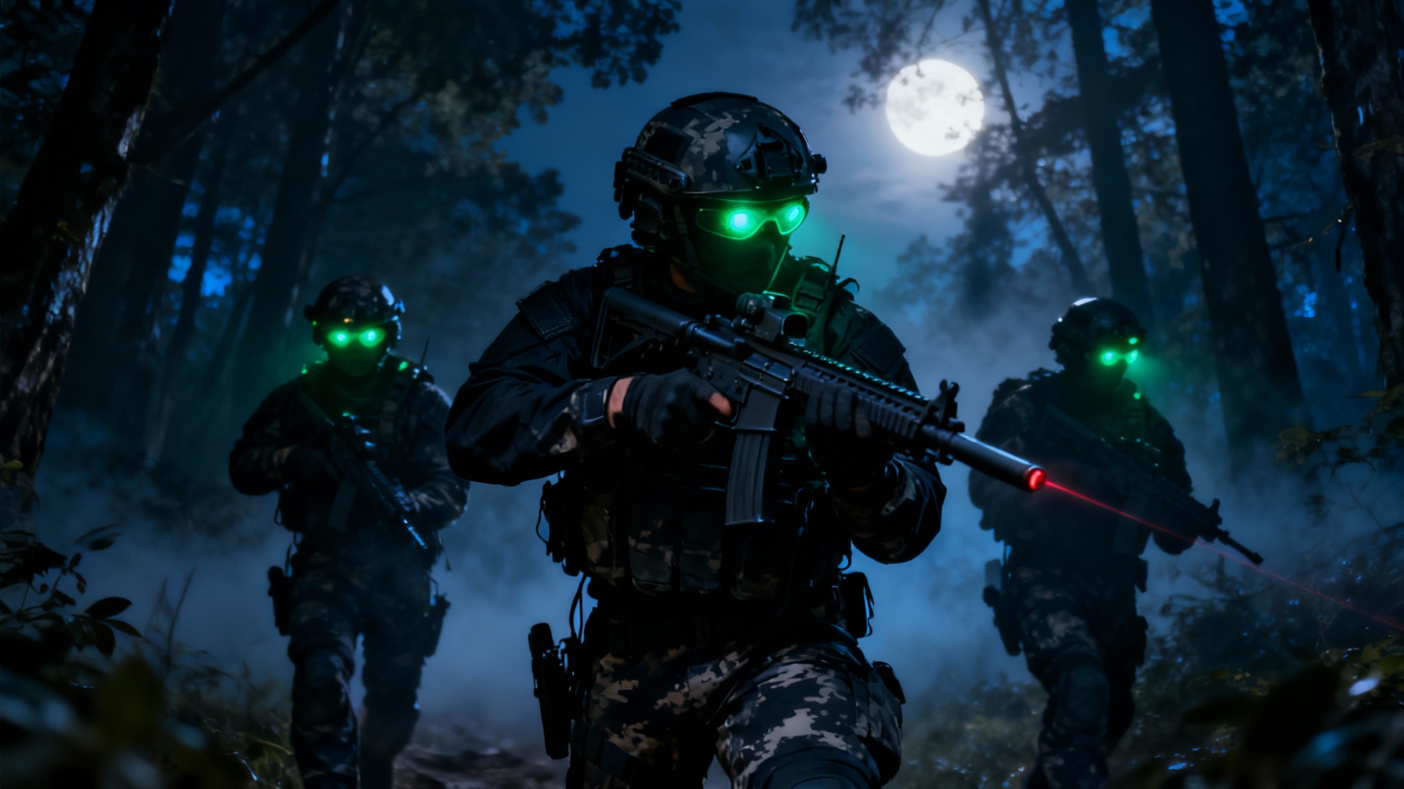 A cinematic wallpaper depicting three special forces soldiers moving through a dark forest at night, their figures silhouetted against moonlight and highlighted by the green glow of their night-vision goggles.