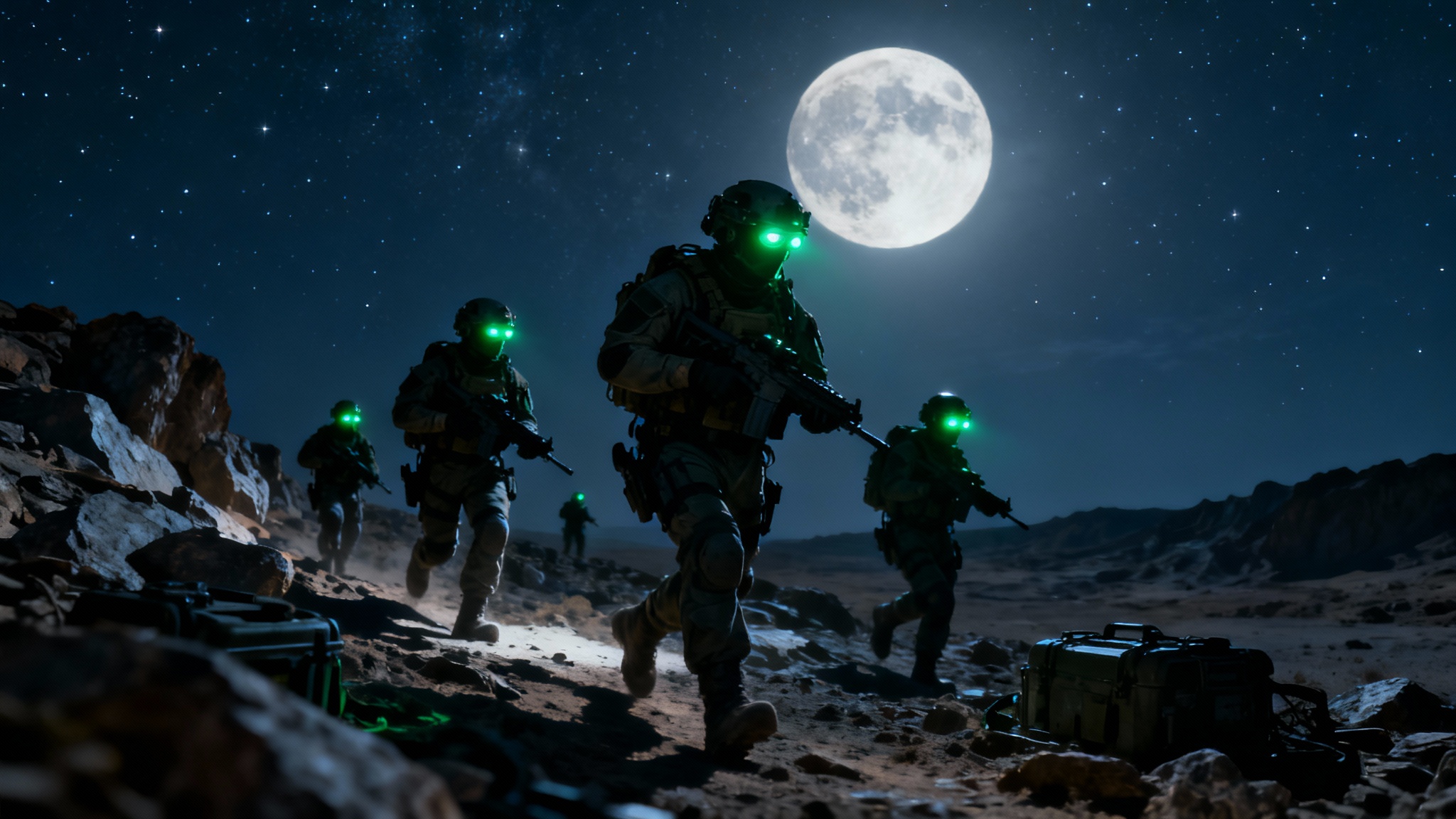 A photorealistic wallpaper depicting a squad of special forces soldiers on a night mission, illuminated by moonlight and the green glow of their night vision goggles.