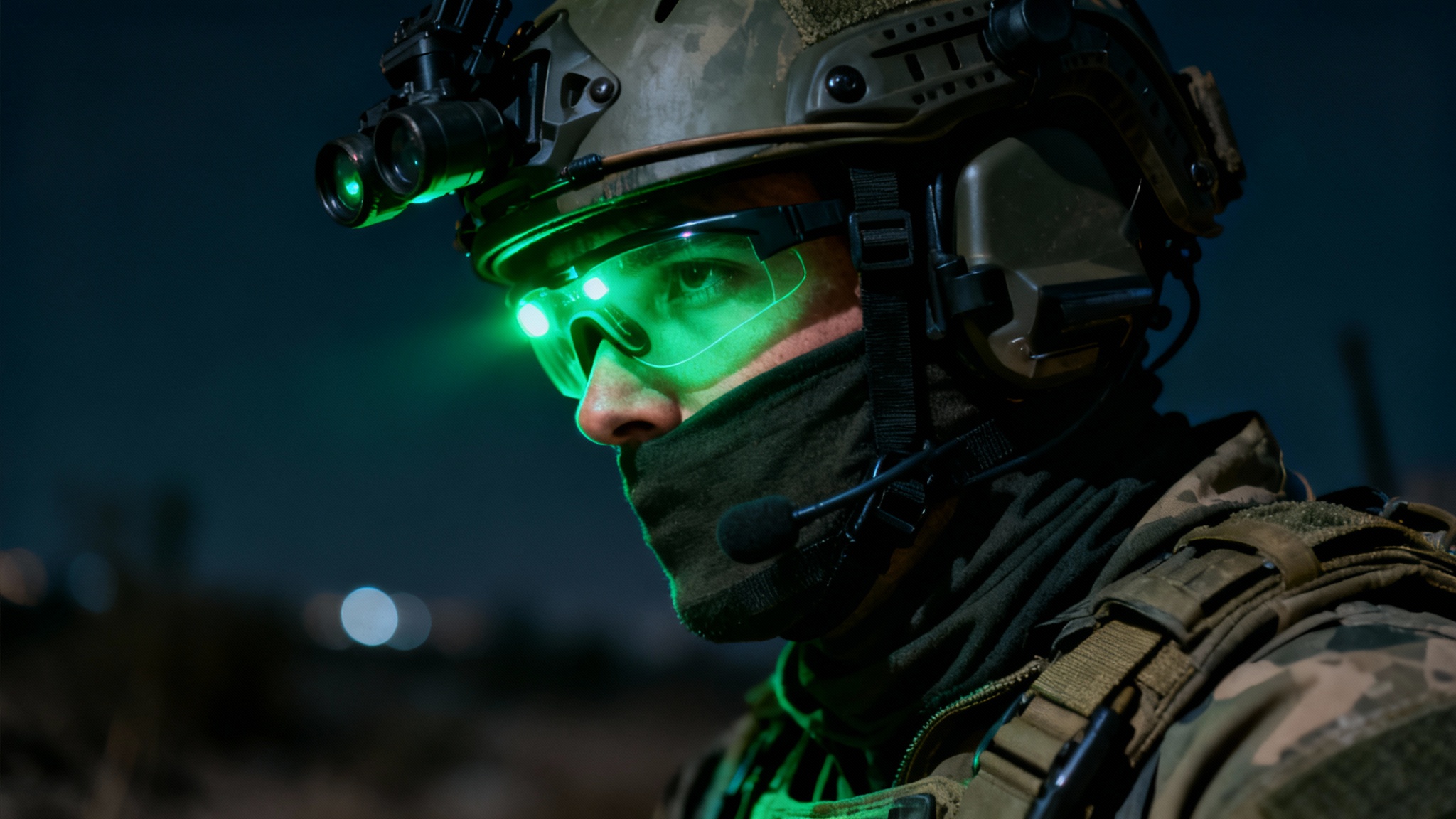 A high-resolution wallpaper showing a special forces soldier in profile during a night operation, with their face illuminated by the green light of their night vision goggles.