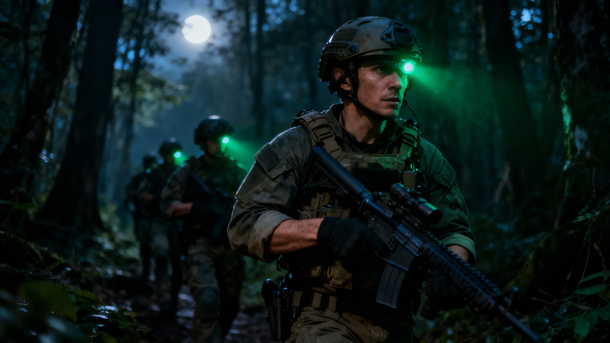 A photorealistic wallpaper of special forces soldiers on a night operation in a forest, their faces illuminated by the green glow of night vision goggles.