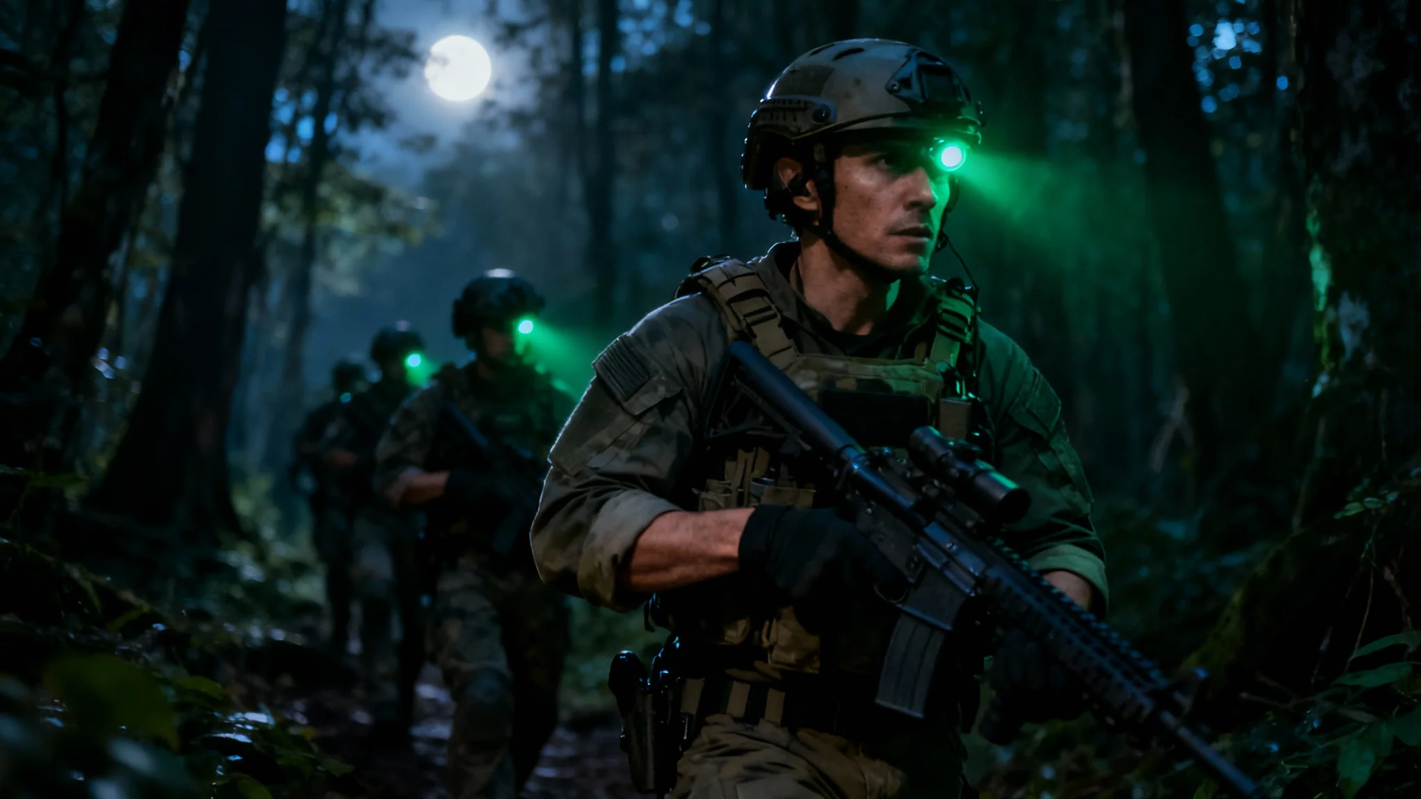A photorealistic wallpaper of special forces soldiers on a night operation in a forest, their faces illuminated by the green glow of night vision goggles.