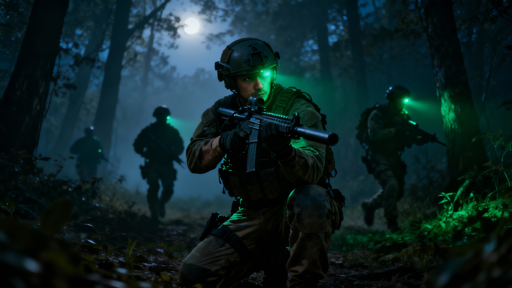 A military night ops wallpaper showing a soldier aiming a rifle through a night vision goggle display, with other soldiers moving stealthily in a dark forest behind him.