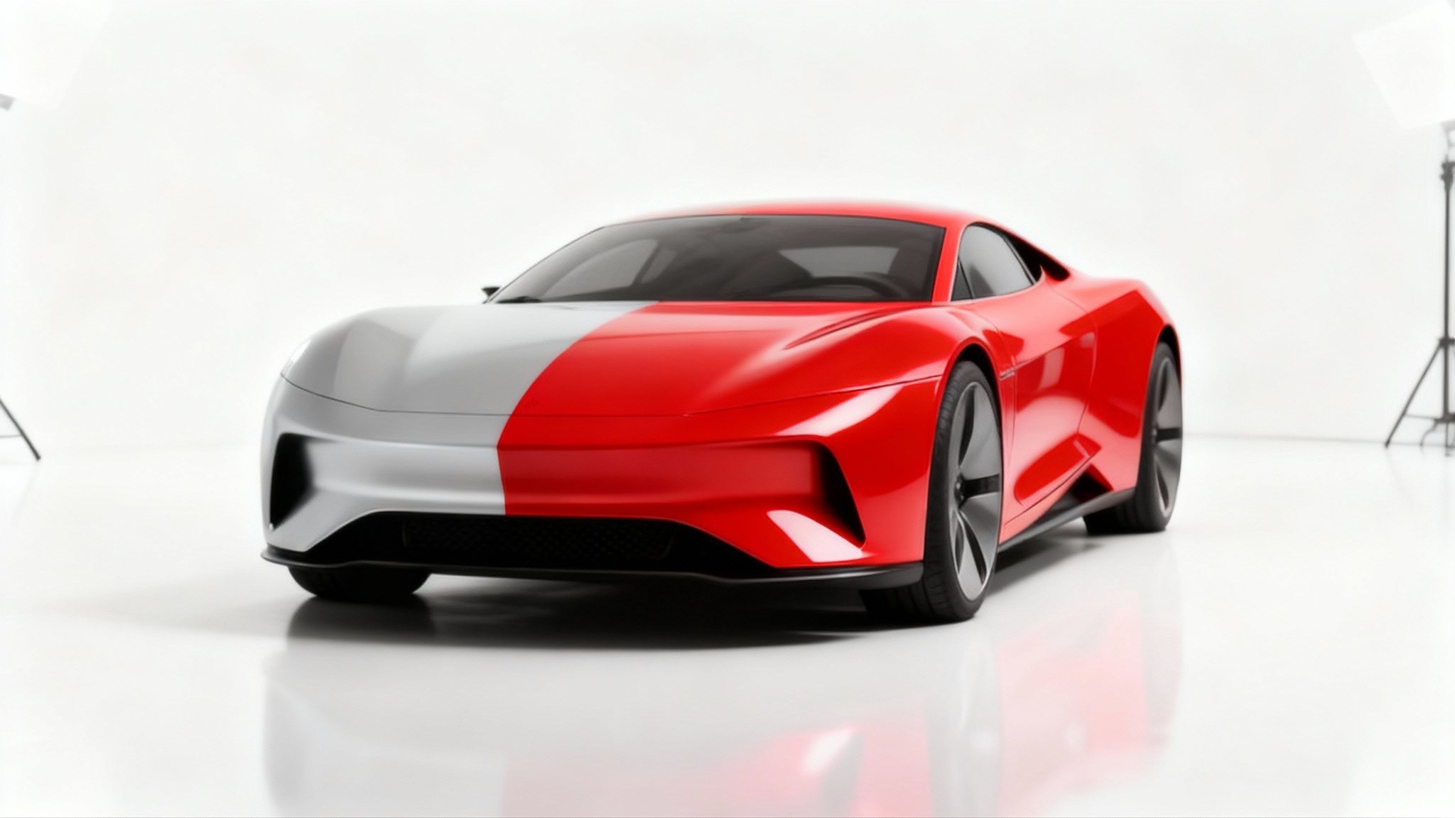 A sleek sports car shown in a studio setting, with the front half of the car painted silver and the back half digitally changed to a vibrant candy apple red to demonstrate a car color change tool.