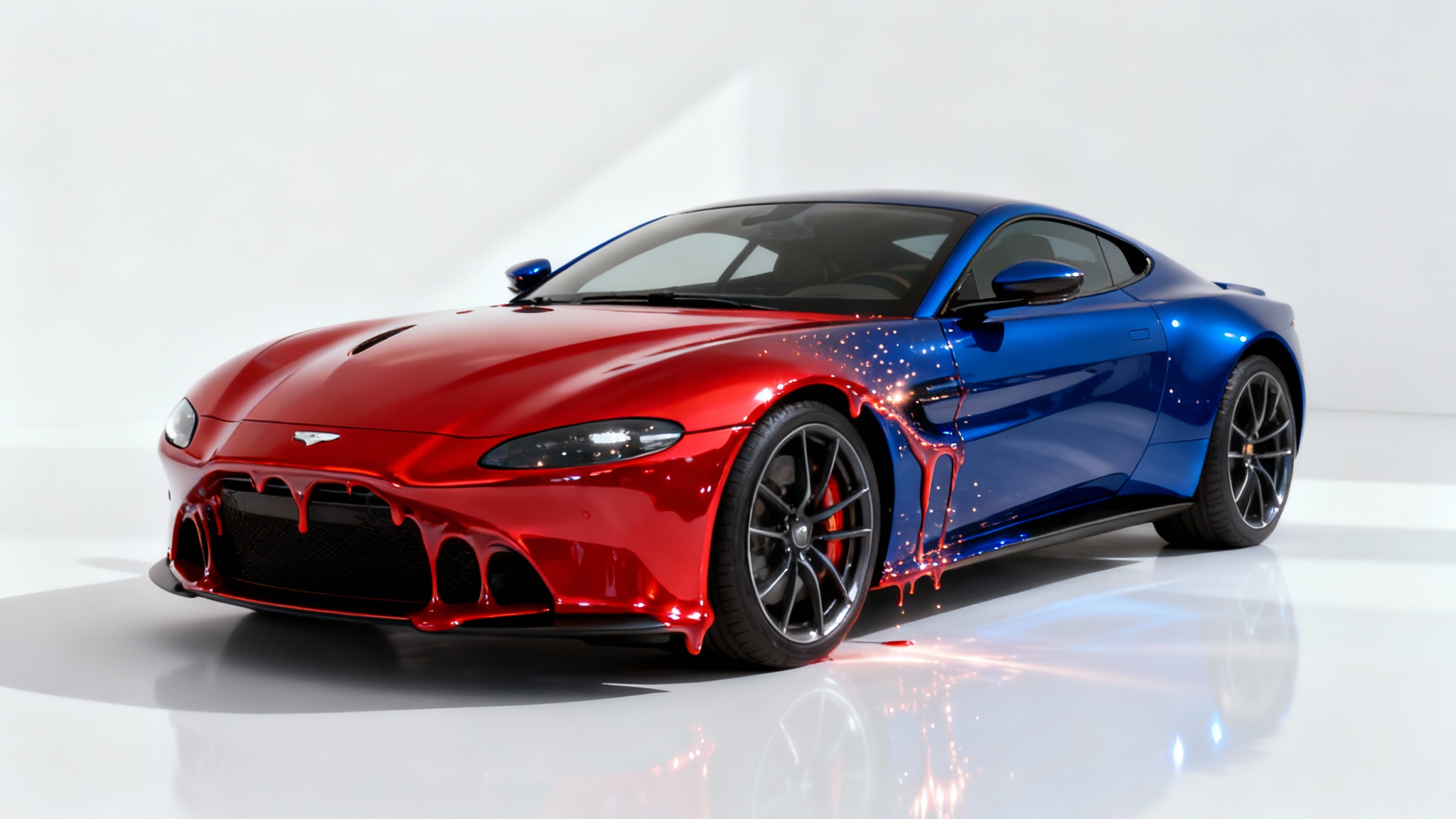 A modern sports car on a white background dynamically changing its color from deep blue to vibrant metallic red, illustrating a car color change.