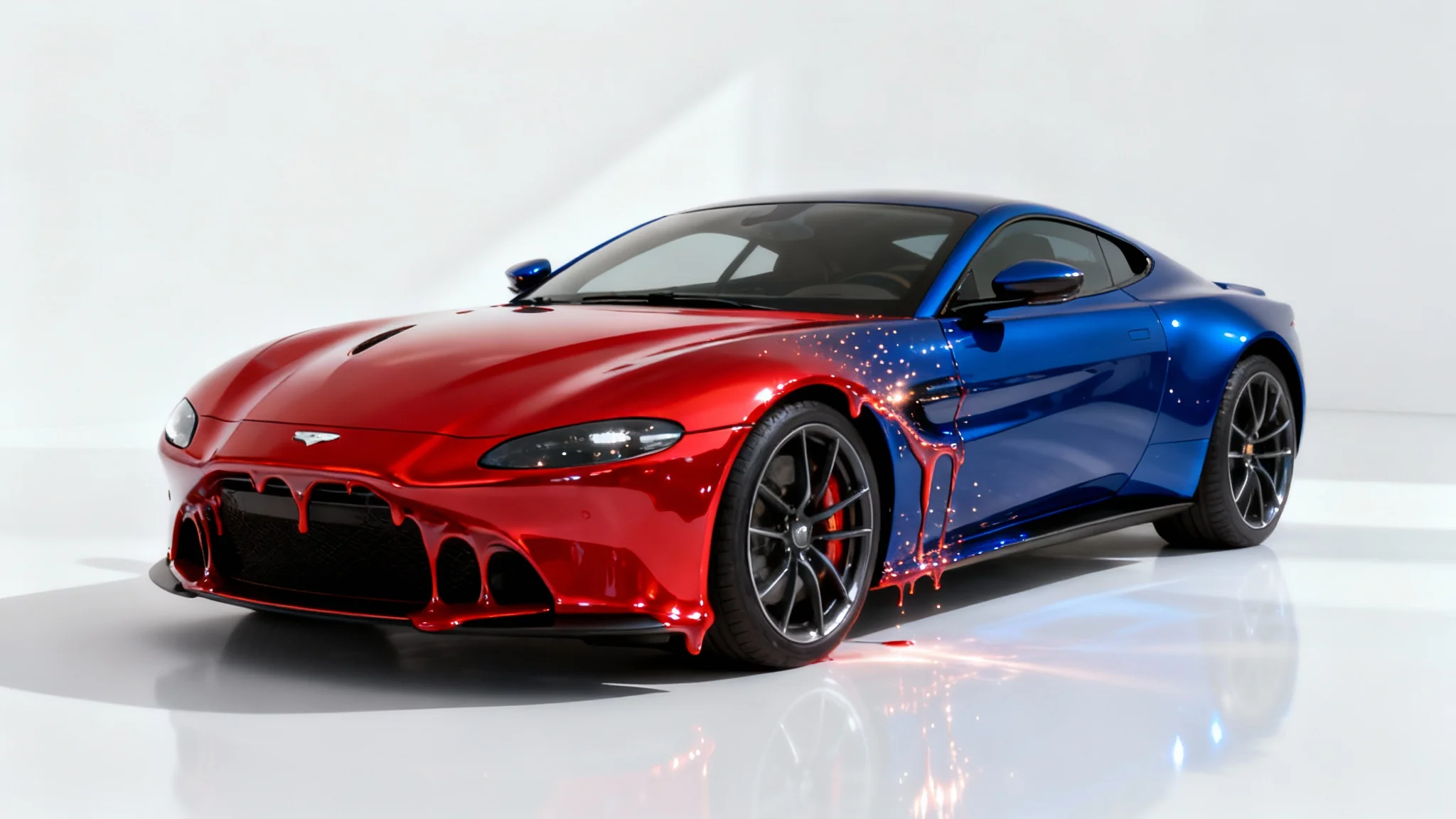 A modern sports car on a white background dynamically changing its color from deep blue to vibrant metallic red, illustrating a car color change.