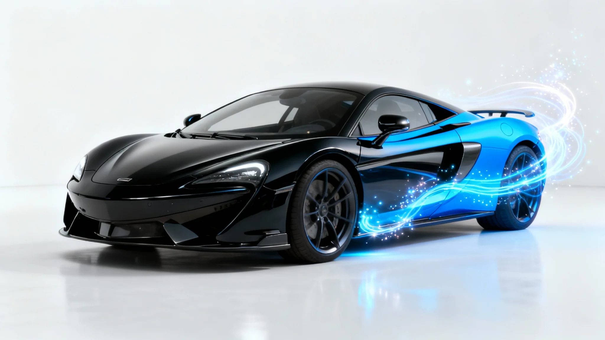 A modern sports car on a white background, dramatically changing color from glossy black to vibrant electric blue in a magical swirl of light.
