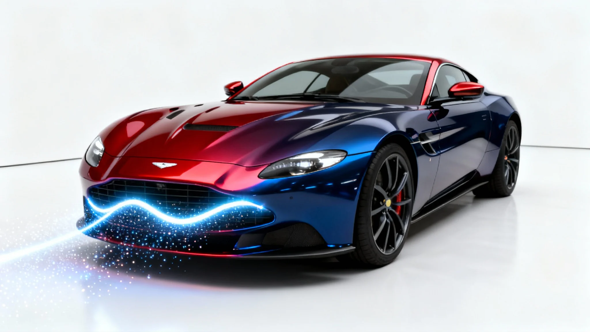 A photorealistic image of a luxury sports car on a white background, with a wave of light visibly changing its color from cherry red to midnight blue.