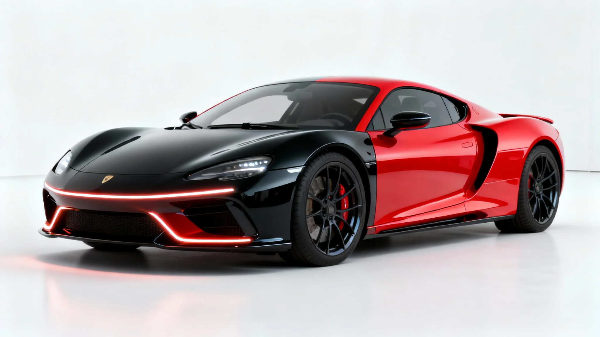 A photorealistic image of a luxury sports car on a white background. The car is shown half glossy black and half candy apple red to illustrate a car color change.