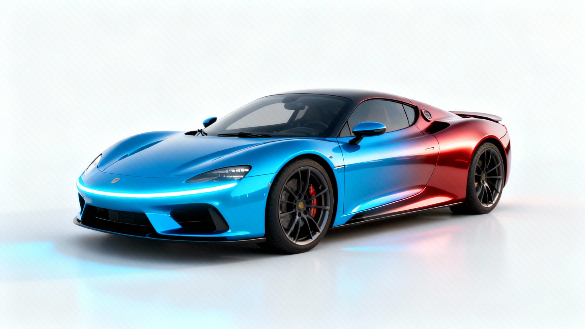 A sleek modern sports car on a white background, mid-transformation with the front half being electric blue and the back half being crimson red, illustrating a color change feature.