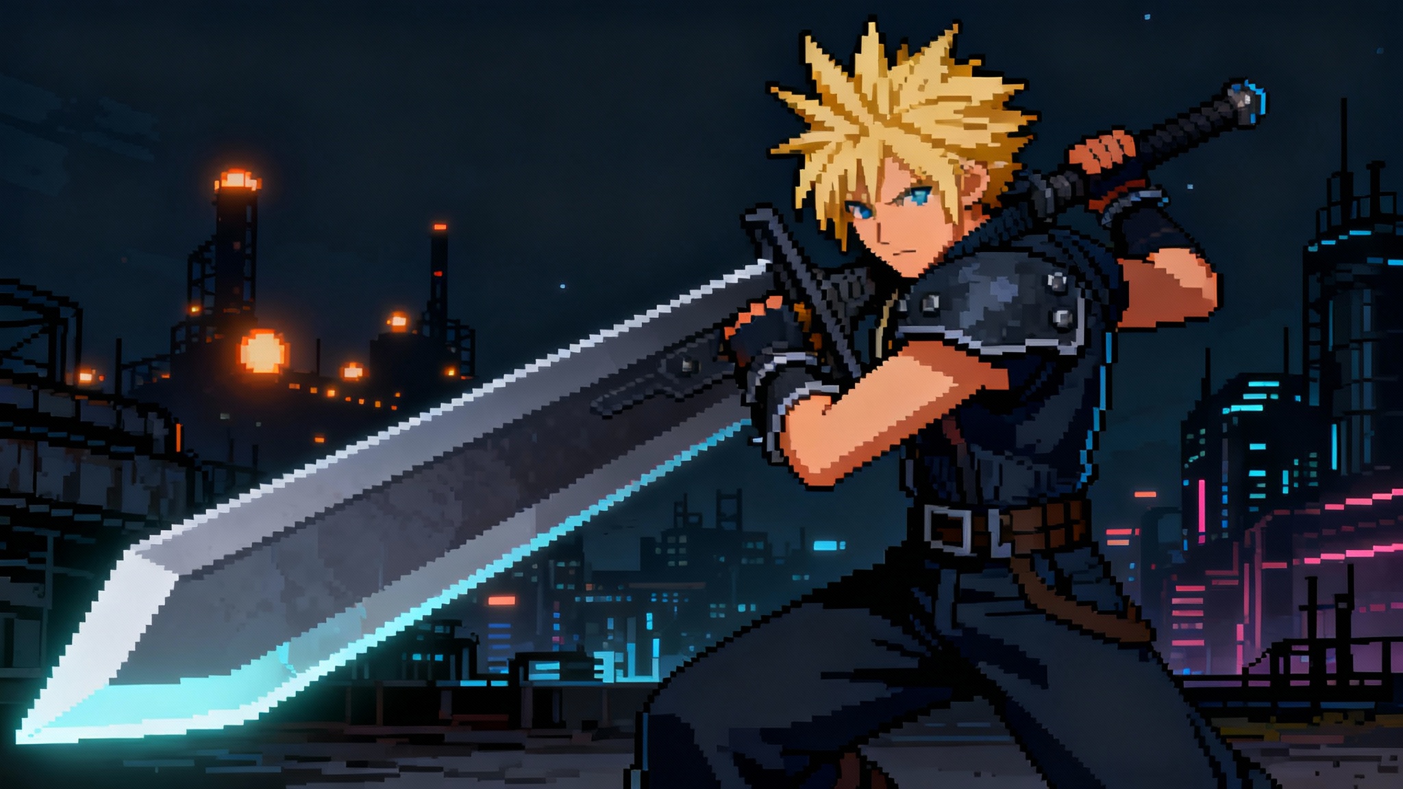 A 16:9 pixel art hero image of Cloud Strife from Final Fantasy VII in a dynamic action pose with his Buster Sword, set against the backdrop of the cyberpunk city of Midgar at night.