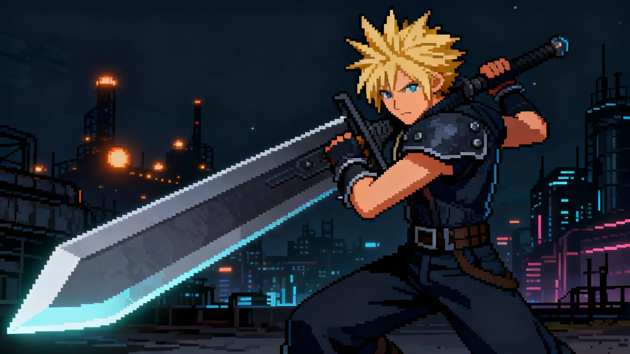 A 16:9 pixel art hero image of Cloud Strife from Final Fantasy VII in a dynamic action pose with his Buster Sword, set against the backdrop of the cyberpunk city of Midgar at night.