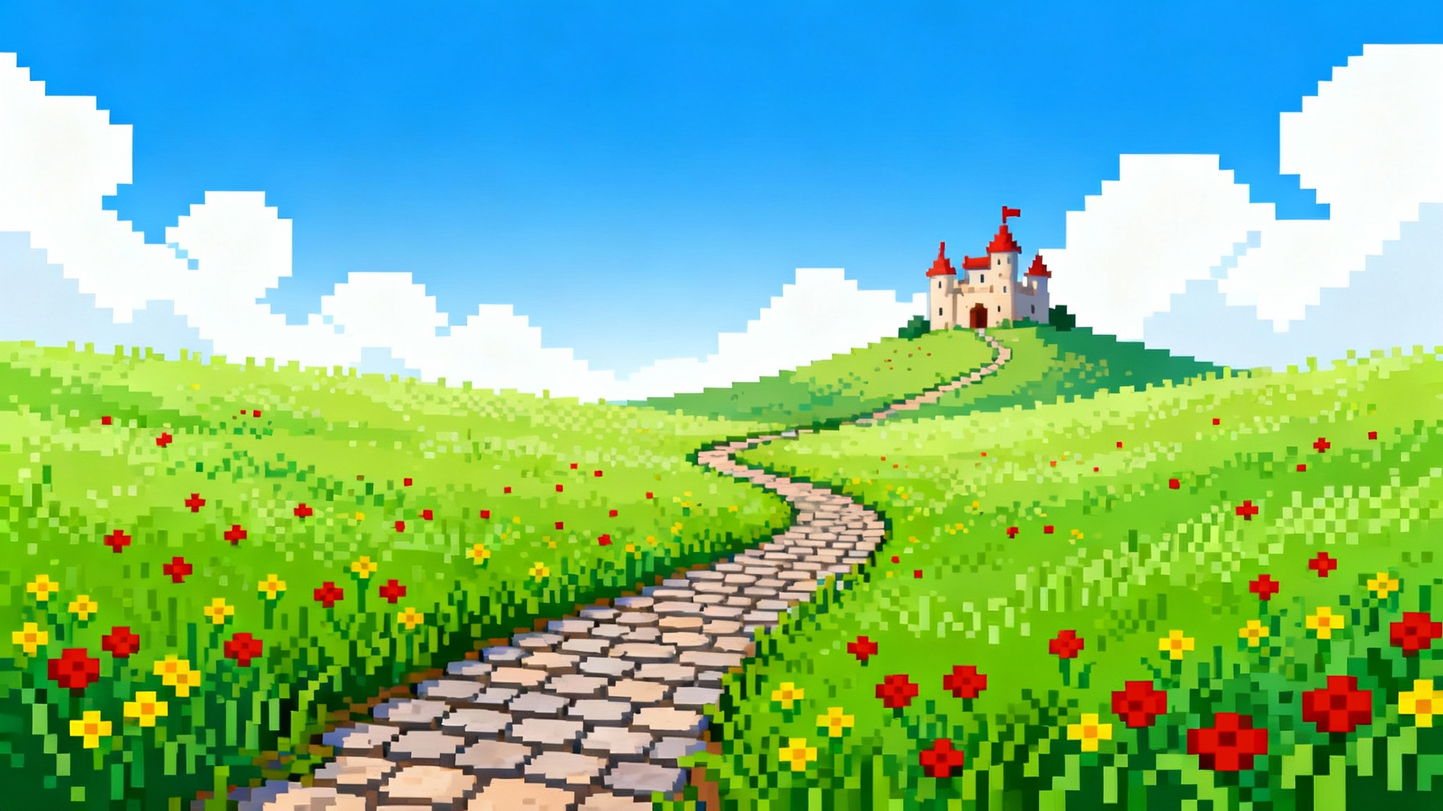 A colorful pixel art illustration of a fantasy landscape with a meadow and a distant castle, displayed on a clean white background.
