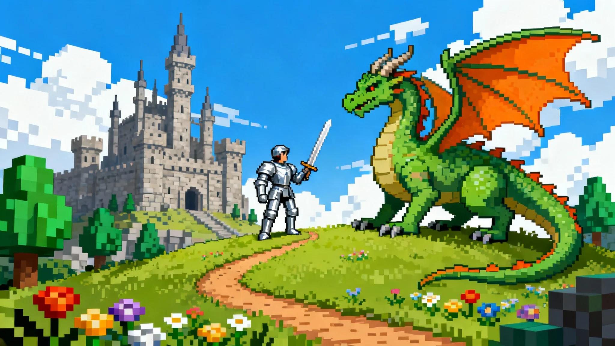 A vibrant 16-bit pixel art scene of a knight facing a dragon in a fantasy landscape with a castle in the background.