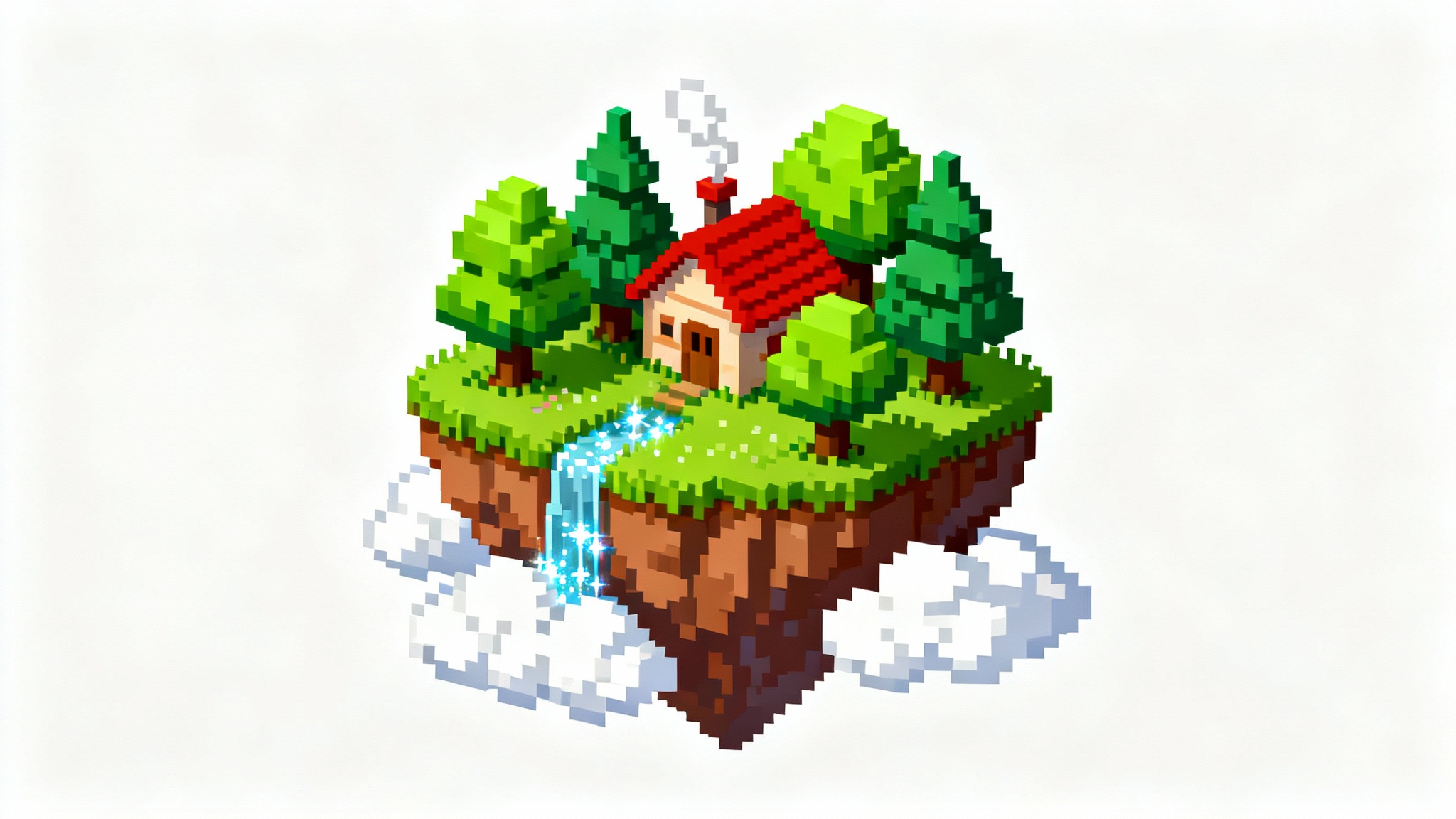 An isometric pixel art illustration of a small, green floating island with a tiny cottage and a waterfall, set against a plain white background.