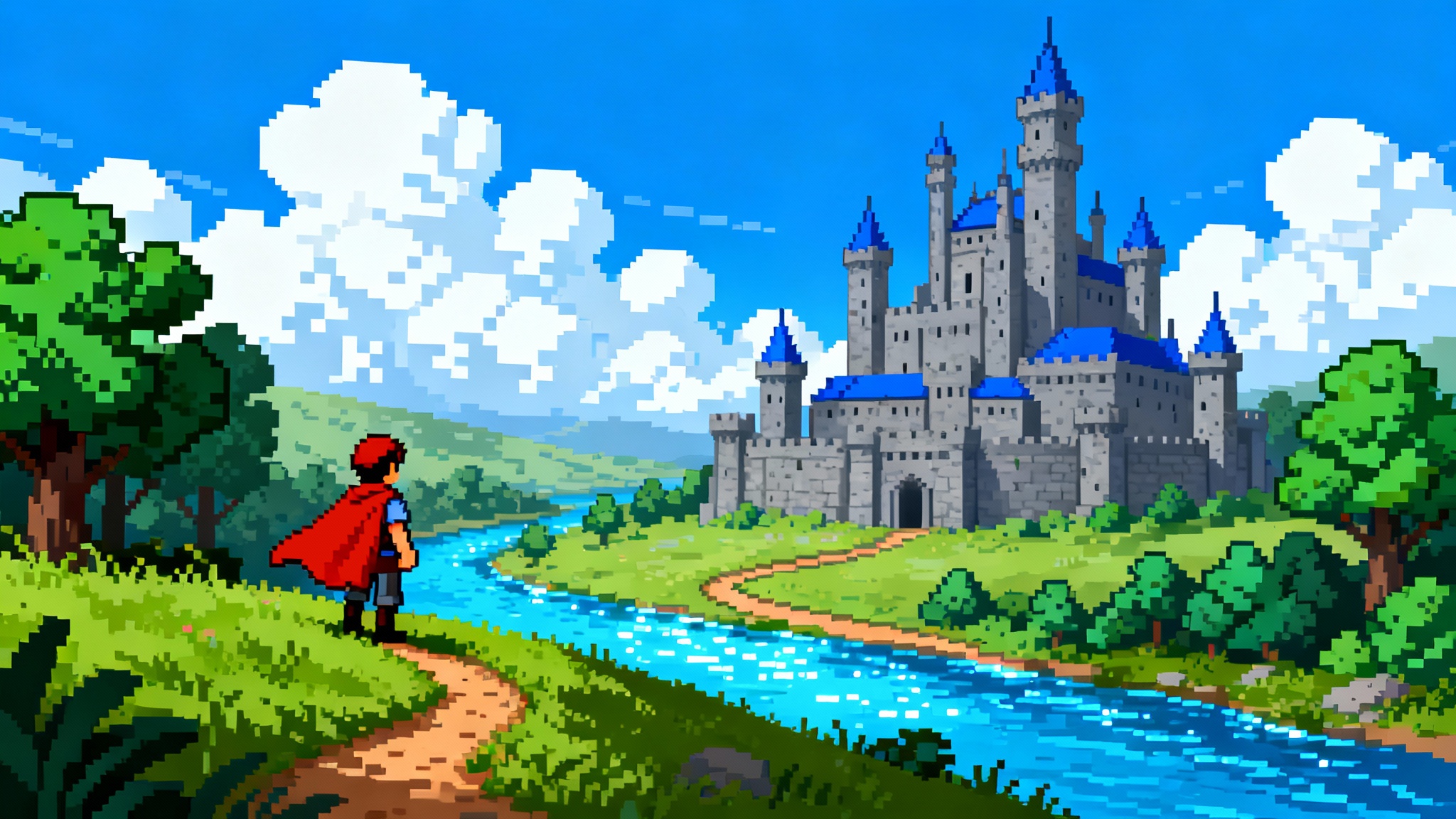 A detailed 16-bit pixel art image of a fantasy landscape, featuring a hero looking at a distant castle under a bright blue sky.