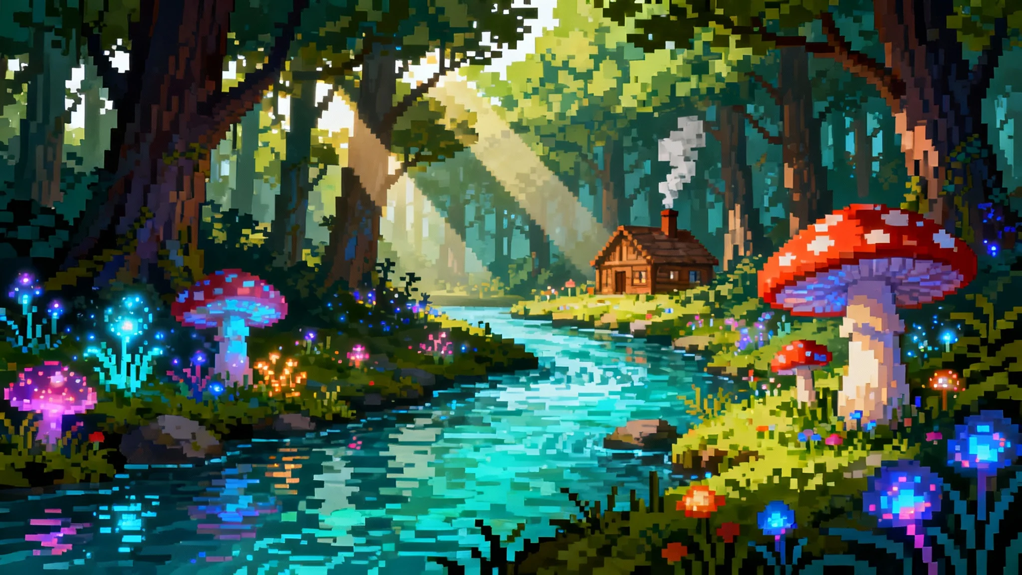 A vibrant and detailed pixel art scene depicting a magical forest with a river, glowing plants, and a distant cottage, isolated on a white background.
