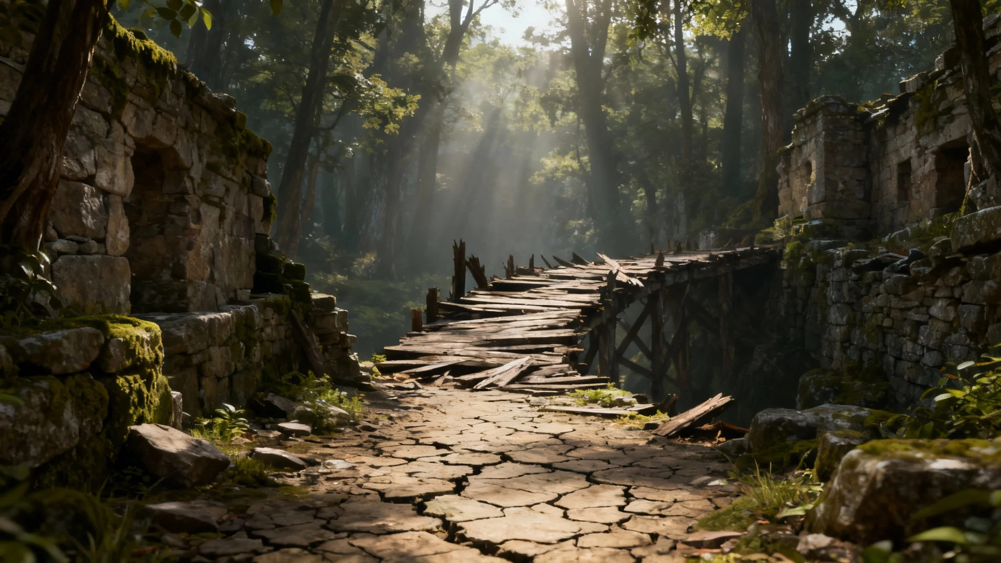 A photorealistic 3D render of an ancient ruin in a forest, showcasing the final result of an environment texture overhaul. The image features highly detailed mossy stones, weathered wood, and cracked earth, all under dramatic cinematic lighting.