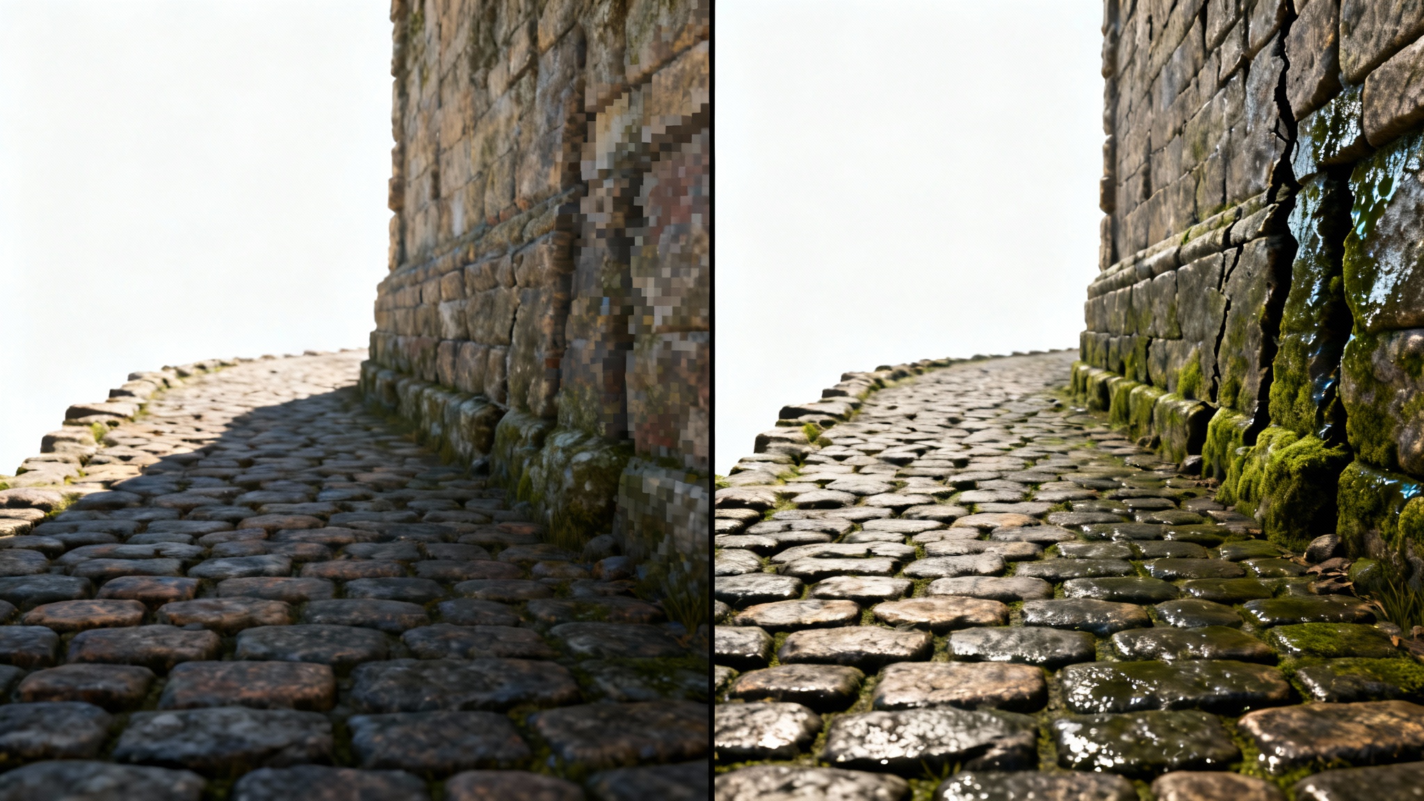 A split-screen comparison showing a video game environment's texture overhaul. The left side has blurry, low-quality textures, and the right side has sharp, photorealistic high-definition textures.