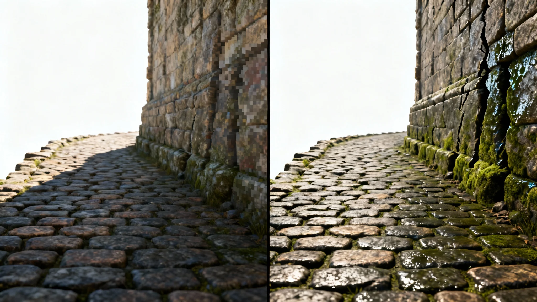 A split-screen comparison showing a video game environment's texture overhaul. The left side has blurry, low-quality textures, and the right side has sharp, photorealistic high-definition textures.