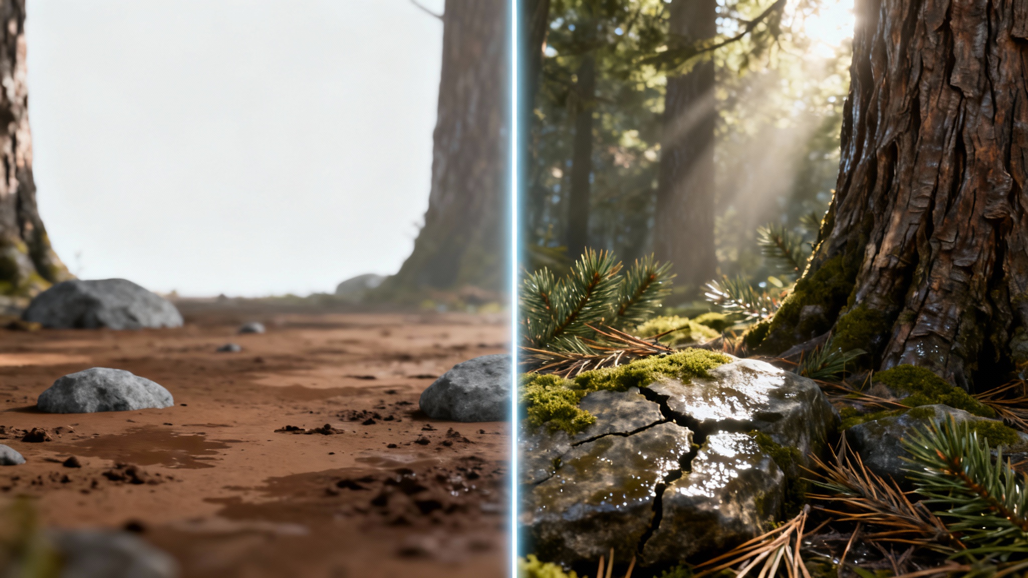 A split-screen comparison of a forest floor, showing a texture overhaul. The left side is blurry and low-resolution, while the right side is hyper-realistic with detailed rocks, moss, and tree bark.