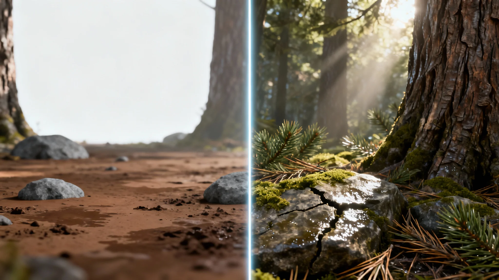 A split-screen comparison of a forest floor, showing a texture overhaul. The left side is blurry and low-resolution, while the right side is hyper-realistic with detailed rocks, moss, and tree bark.