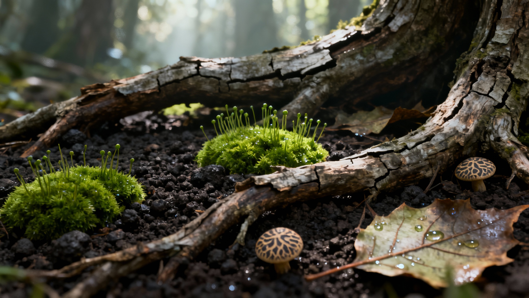 A photorealistic, hyper-detailed close-up of a forest floor, showcasing an environment texture overhaul with crisp moss, weathered roots, and damp soil.