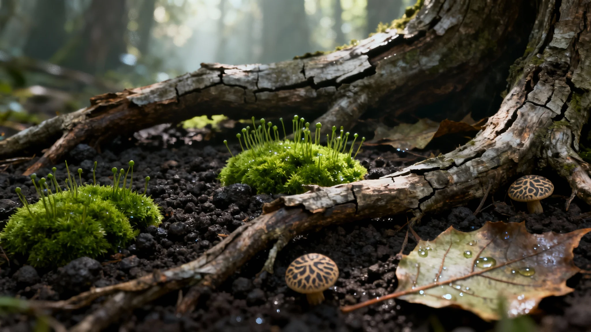 A photorealistic, hyper-detailed close-up of a forest floor, showcasing an environment texture overhaul with crisp moss, weathered roots, and damp soil.
