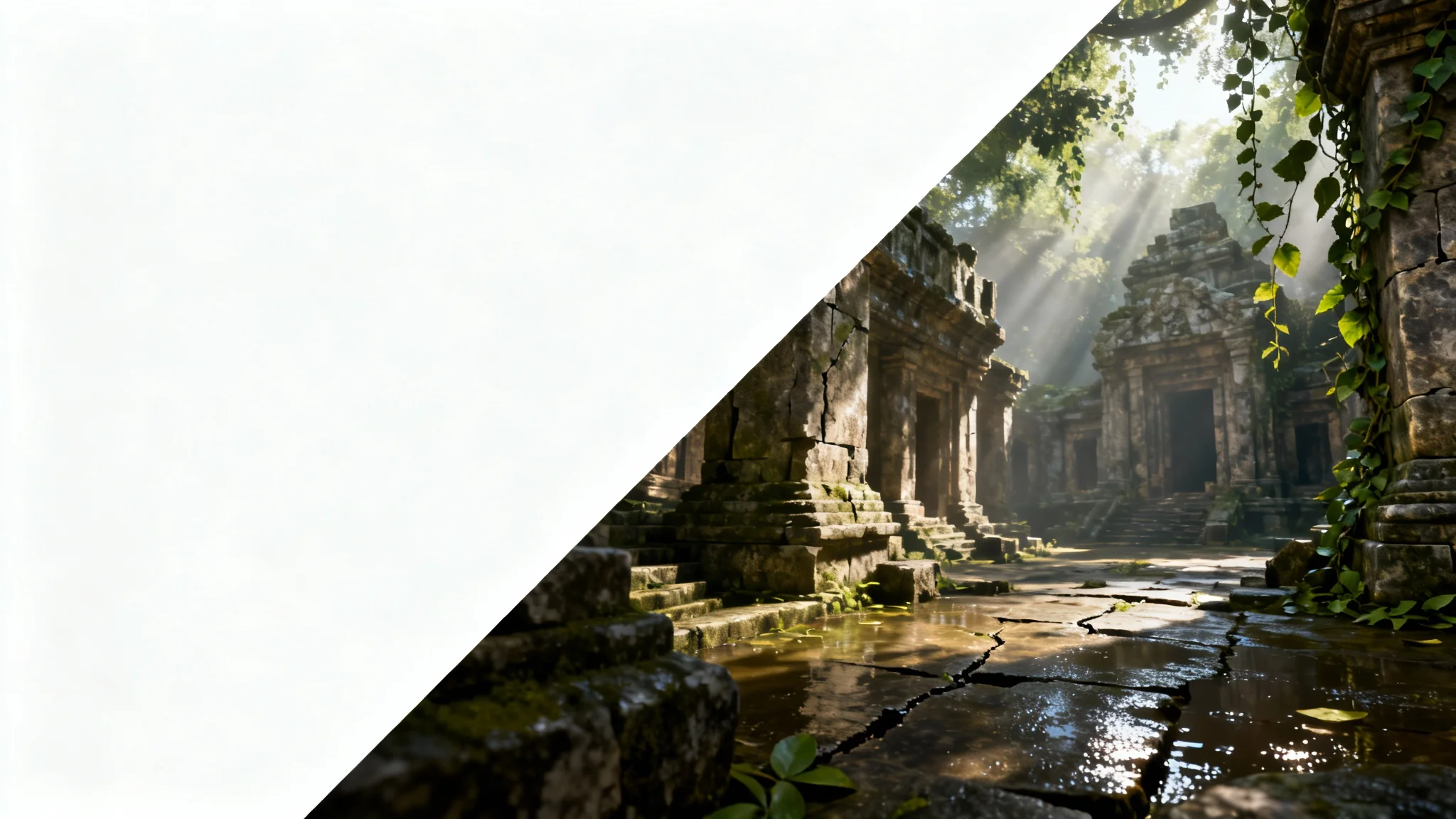 A split-screen image comparing two versions of a digital temple ruin environment. The left side is low-resolution and pixelated, while the right side is hyper-realistic with detailed textures and cinematic lighting, demonstrating a significant graphics overhaul.
