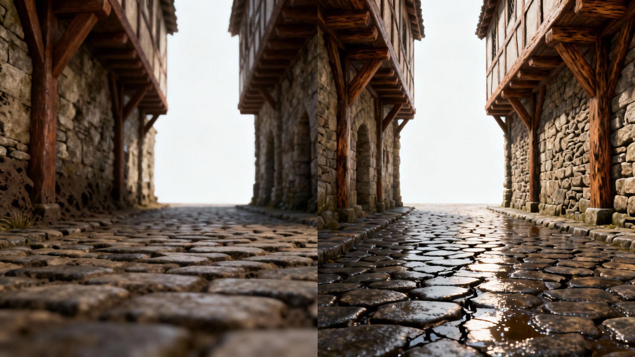 A split-screen comparison of a video game environment. The left side shows a scene with blurry, low-resolution textures, while the right side displays the same scene with photorealistic, high-resolution overhauled textures, demonstrating a massive improvement in graphics quality.
