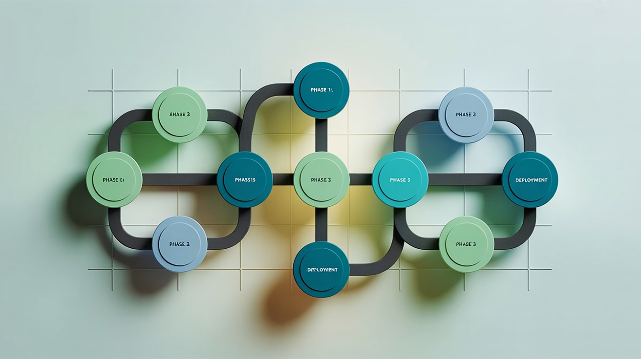 A professionally redesigned flowchart demonstrating a new color scheme tool, featuring nodes and connectors in a modern and cohesive palette of teal, seafoam green, and grey on a clean background.