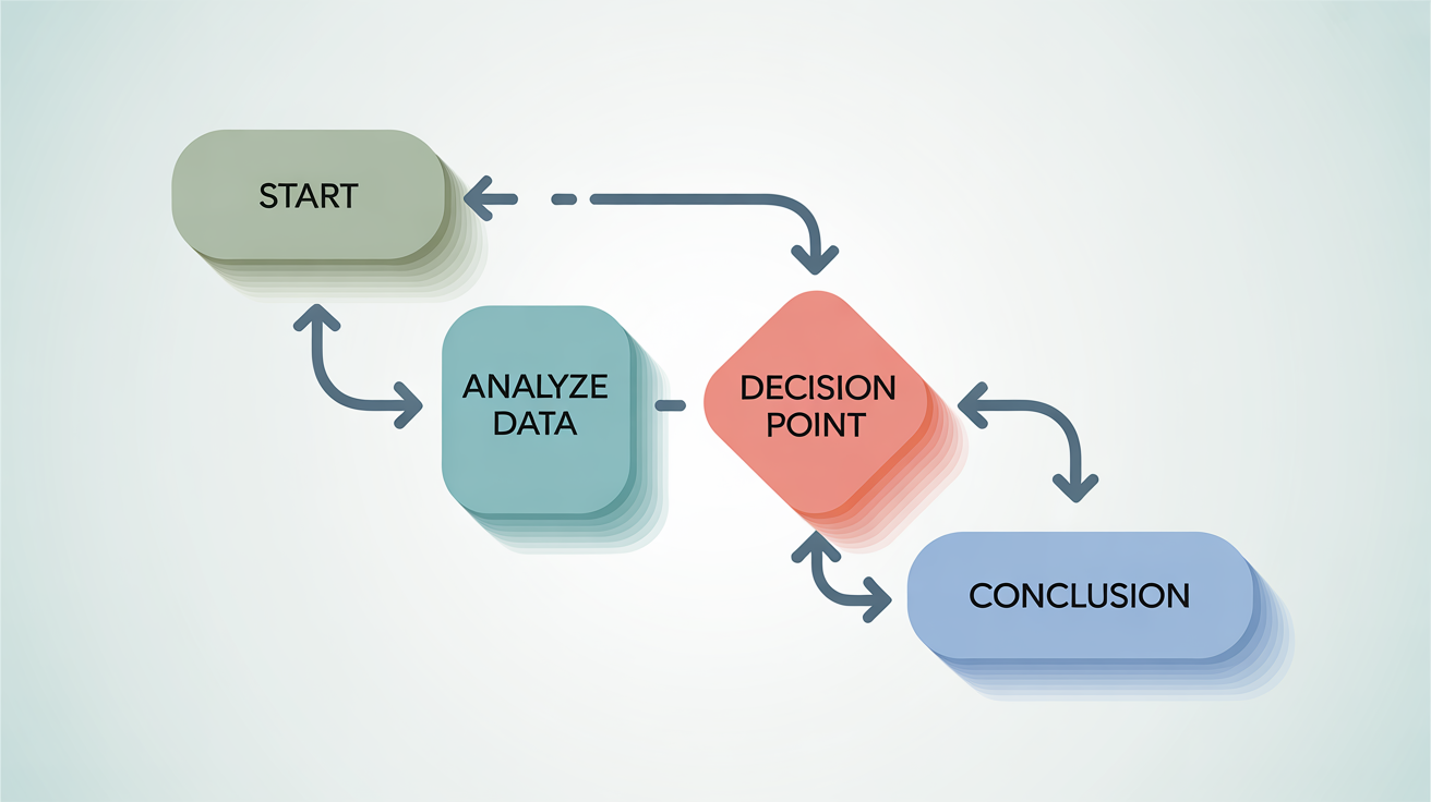 A modern flowchart diagram with a professional color scheme of teal, coral, and blue, set against a clean white background. The chart illustrates a clear visual hierarchy through color.
