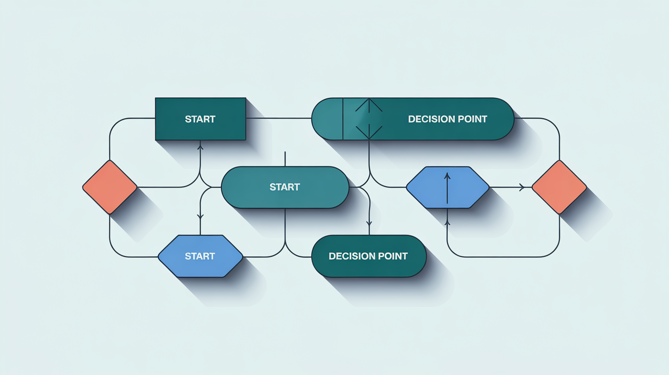A modern flowchart with a professional color scheme of teal, blue, and coral, set against a white background.