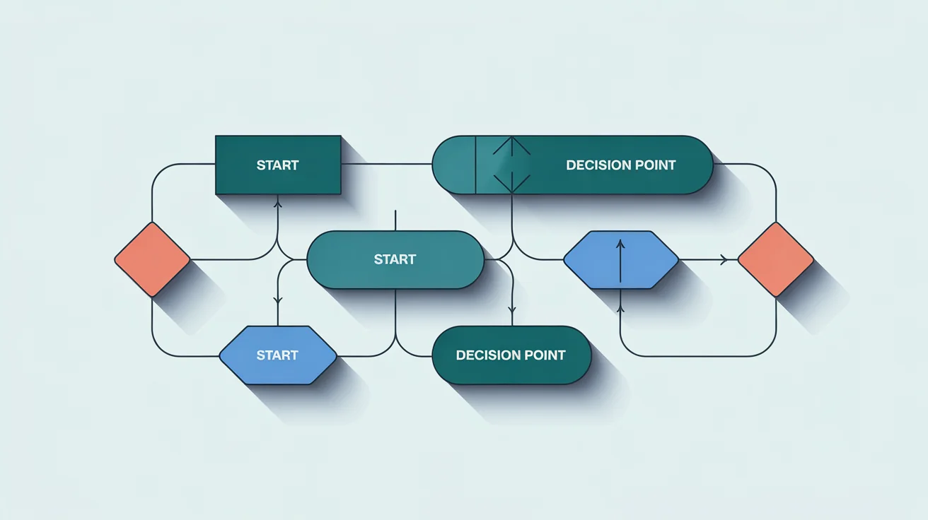 A modern flowchart with a professional color scheme of teal, blue, and coral, set against a white background.