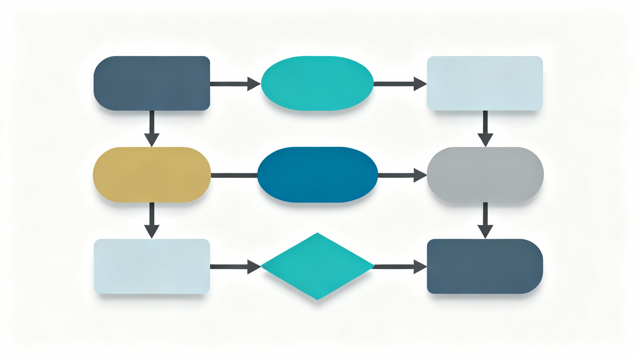 A minimalist flowchart demonstrating a professional color scheme with shades of blue, teal, and a yellow accent, set against a plain white background.